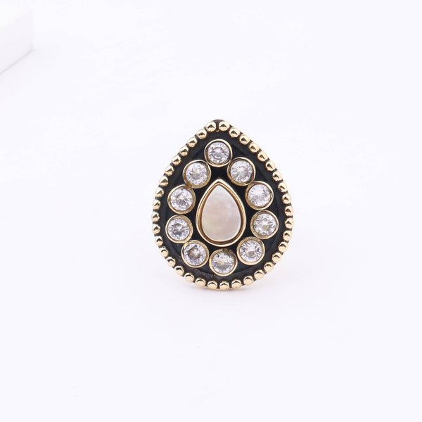 Close-up of a brass fashion ring showcasing intricate detailing, unique design, and fine craftsmanship