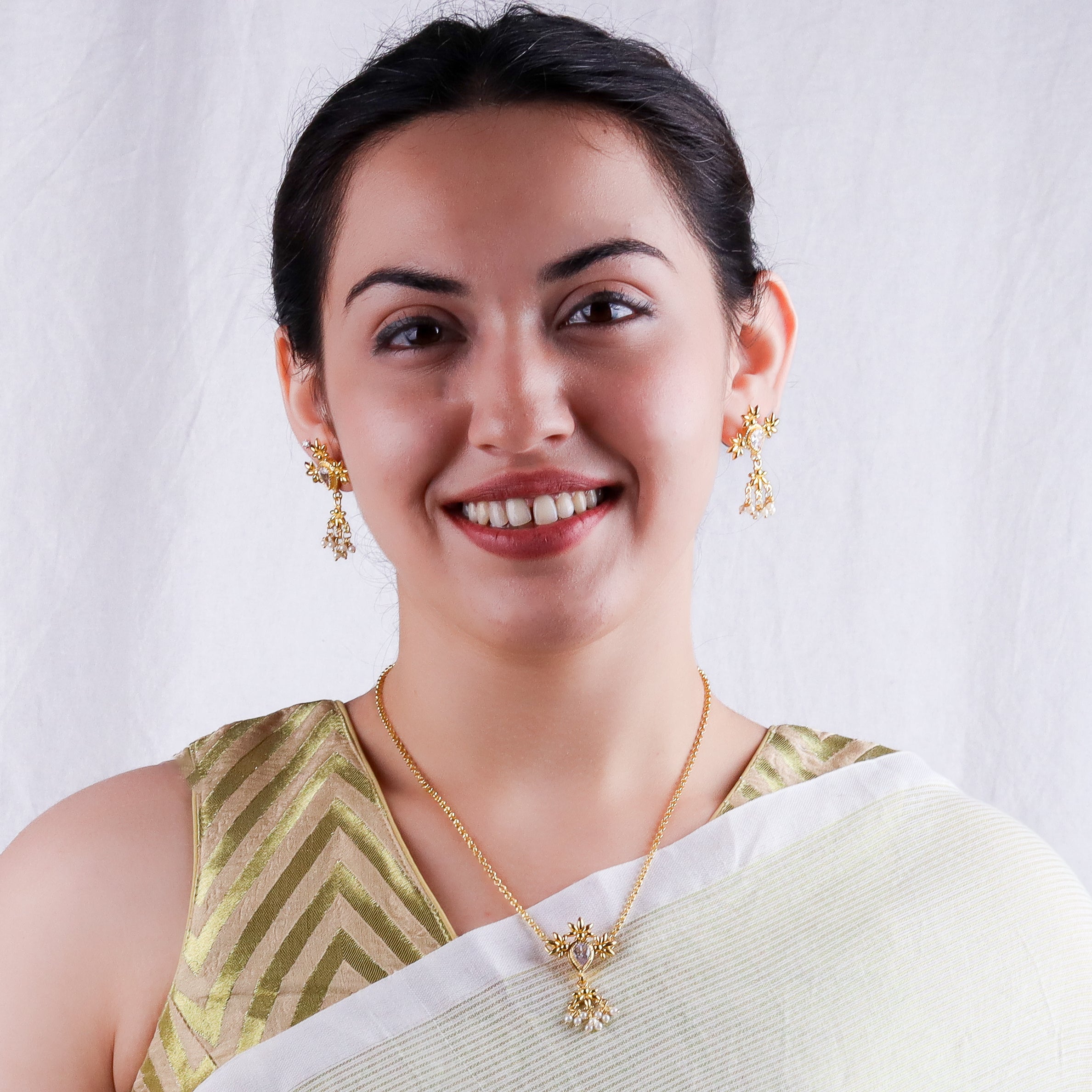 Silver Cz flower tanmani set with pearls | 92.5 Silver | 22K Gold Plated