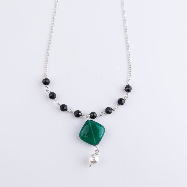 Green Onyx, Black Spinel & Pearl Silver Chain Mangalsutra (Project Handmade)