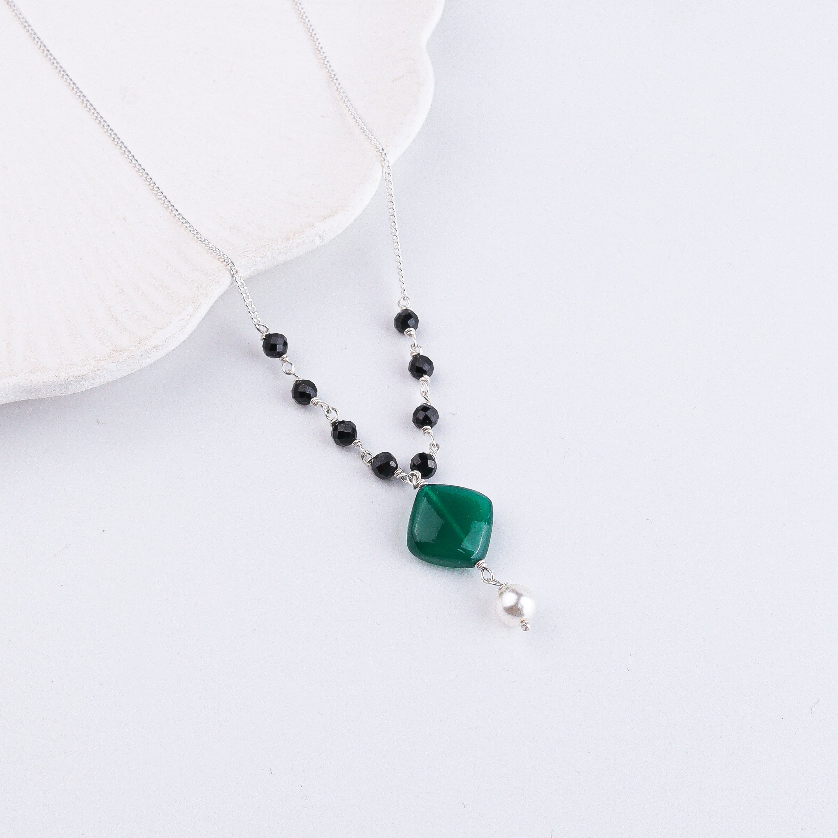 Green Onyx, Black Spinel & Pearl Silver Chain Mangalsutra (Project Handmade)