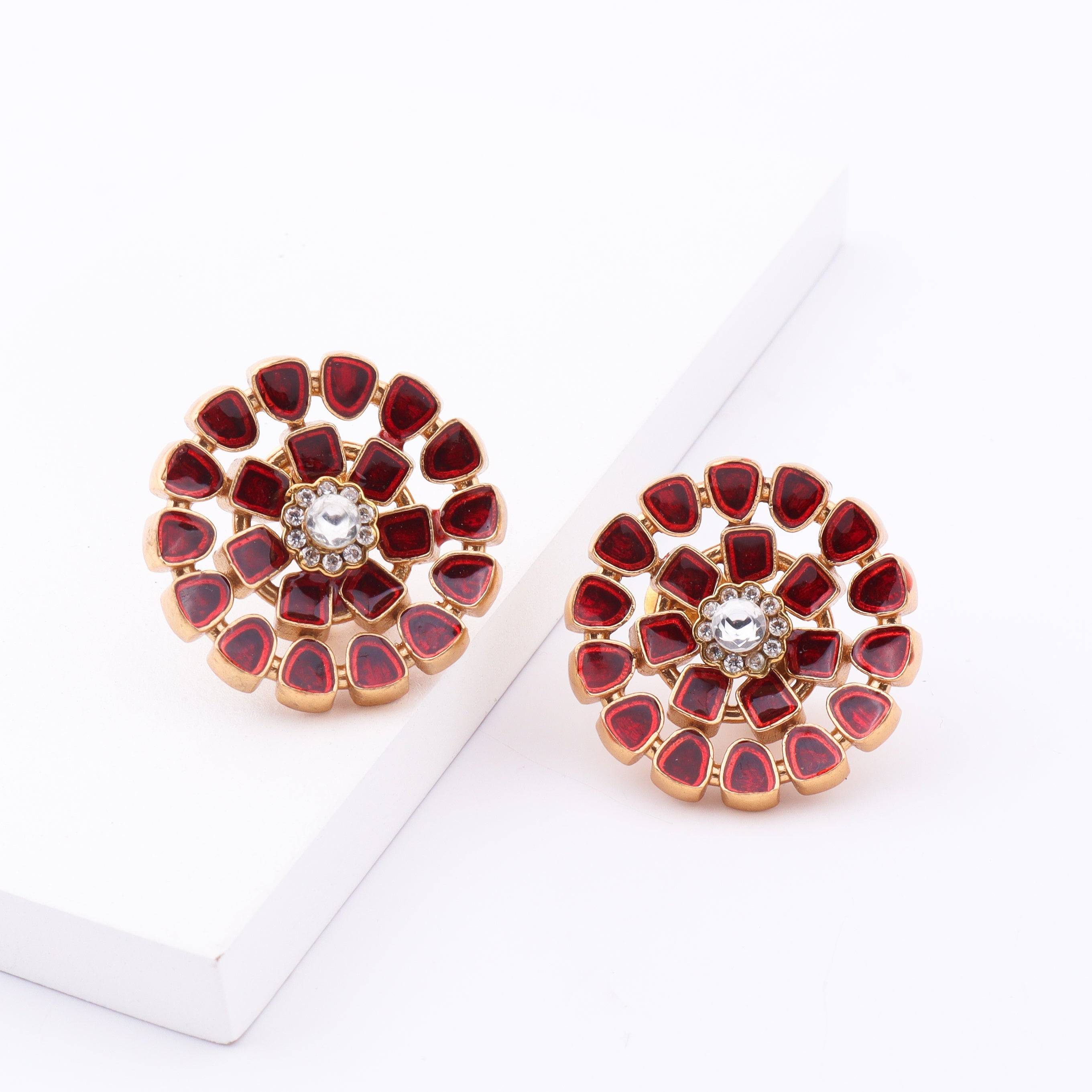 Detailed view of Brass Fashion Earrings highlighting intricate motifs, textured surface, and refined brass finish