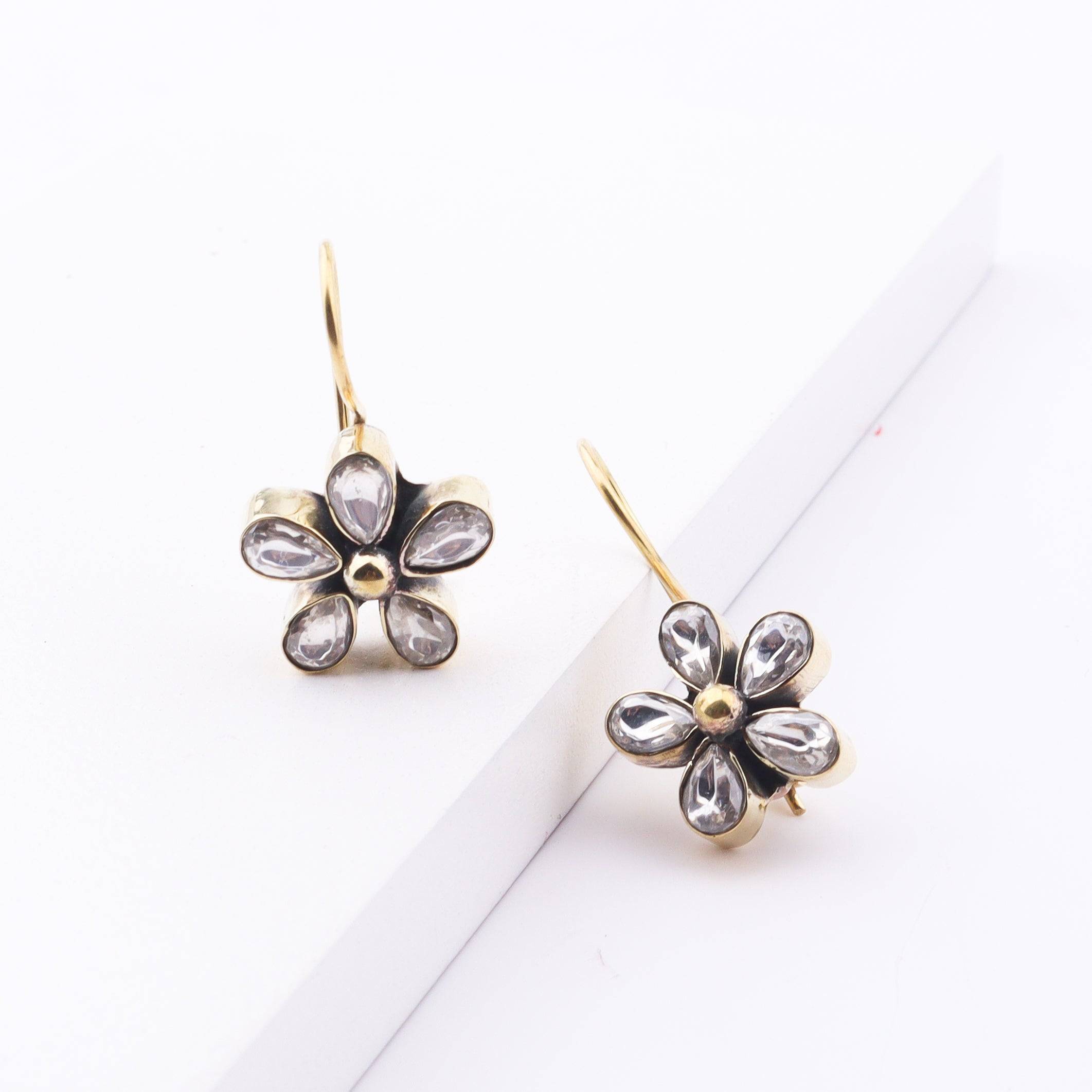 Angled view of Brass Fashion Earrings highlighting the unique silhouette, structure, and polished brass finish