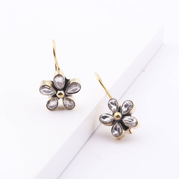 Angled view of Brass Fashion Earrings highlighting the unique silhouette, structure, and polished brass finish