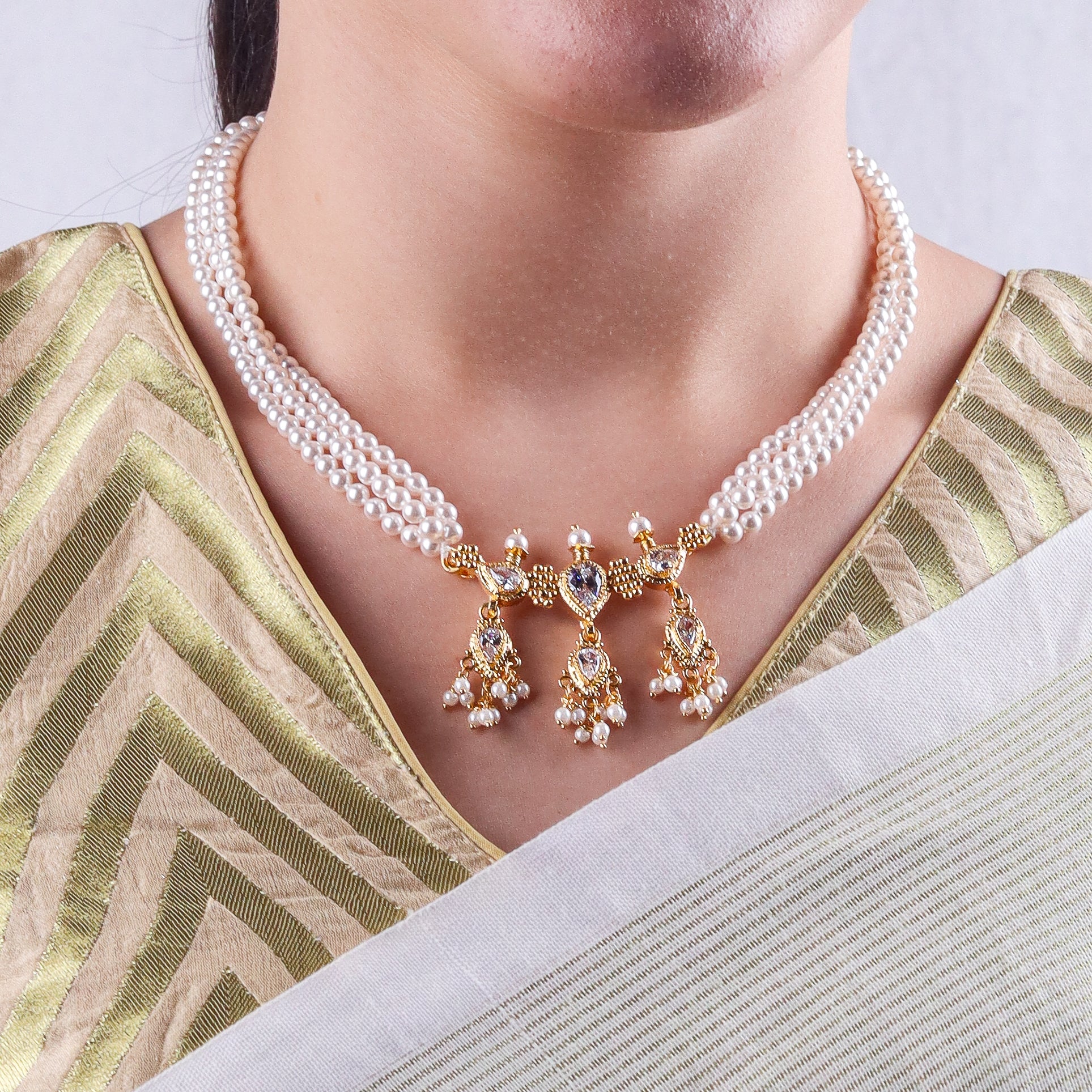 Silver Cz kudi tanmani set with pearls (3 Leaf) | 92.5 Silver | 22K Gold Plated