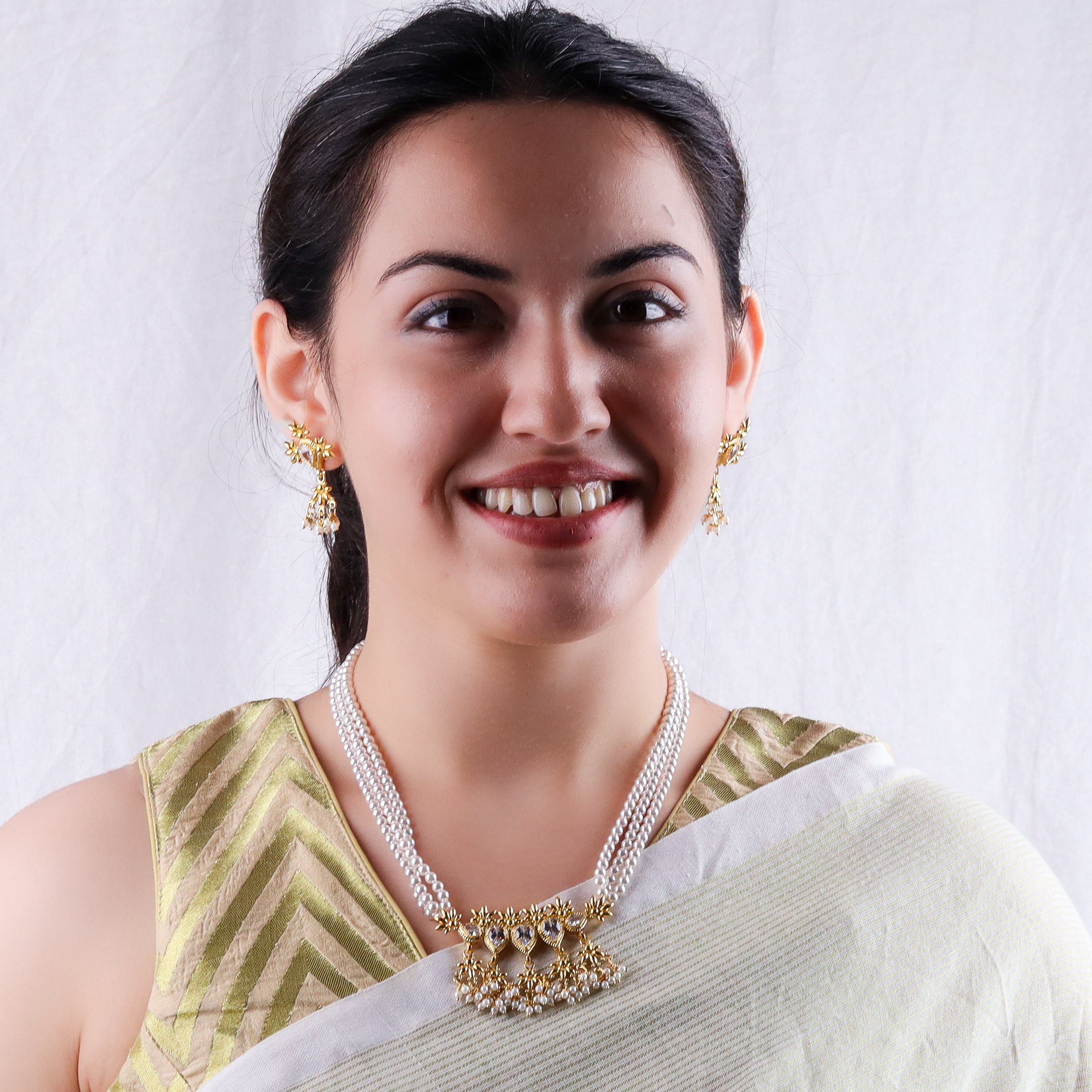 Silver Cz flower tanmani set with pearls (5 Leaf) | 92.5 Silver | 22K Gold Plated