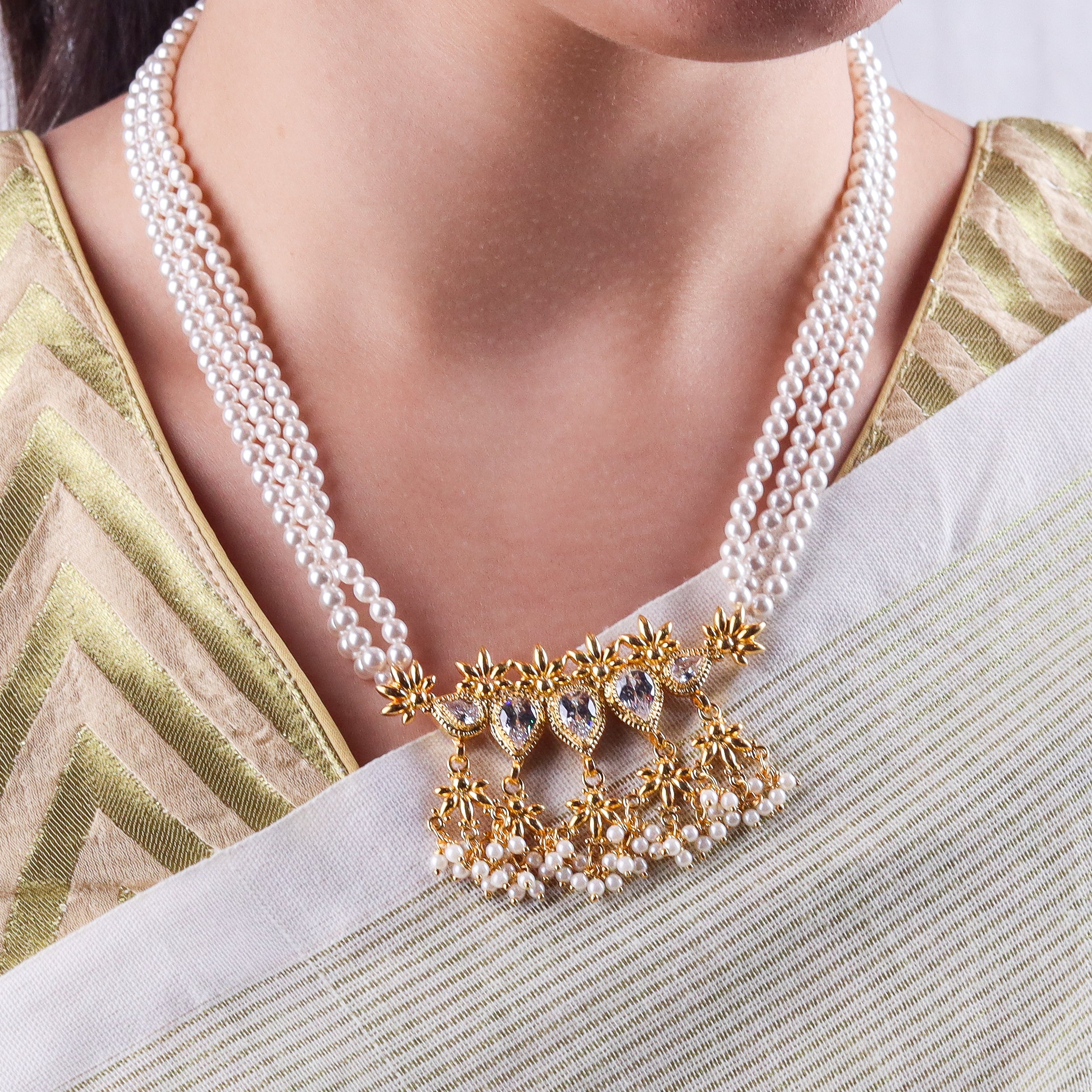 Silver Cz flower tanmani set with pearls (5 Leaf) | 92.5 Silver | 22K Gold Plated