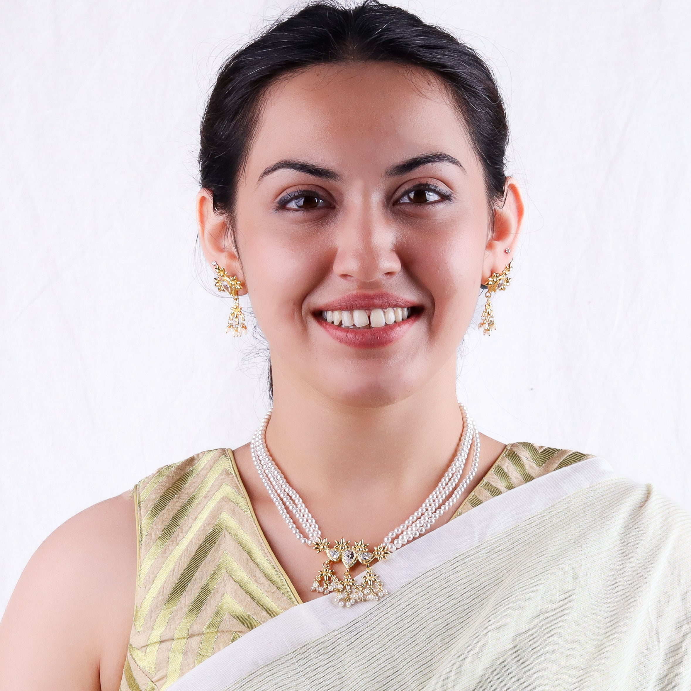 Silver Cz flower tanmani set with pearls (3 Leaf) | 92.5 Silver | 22K Gold Plated