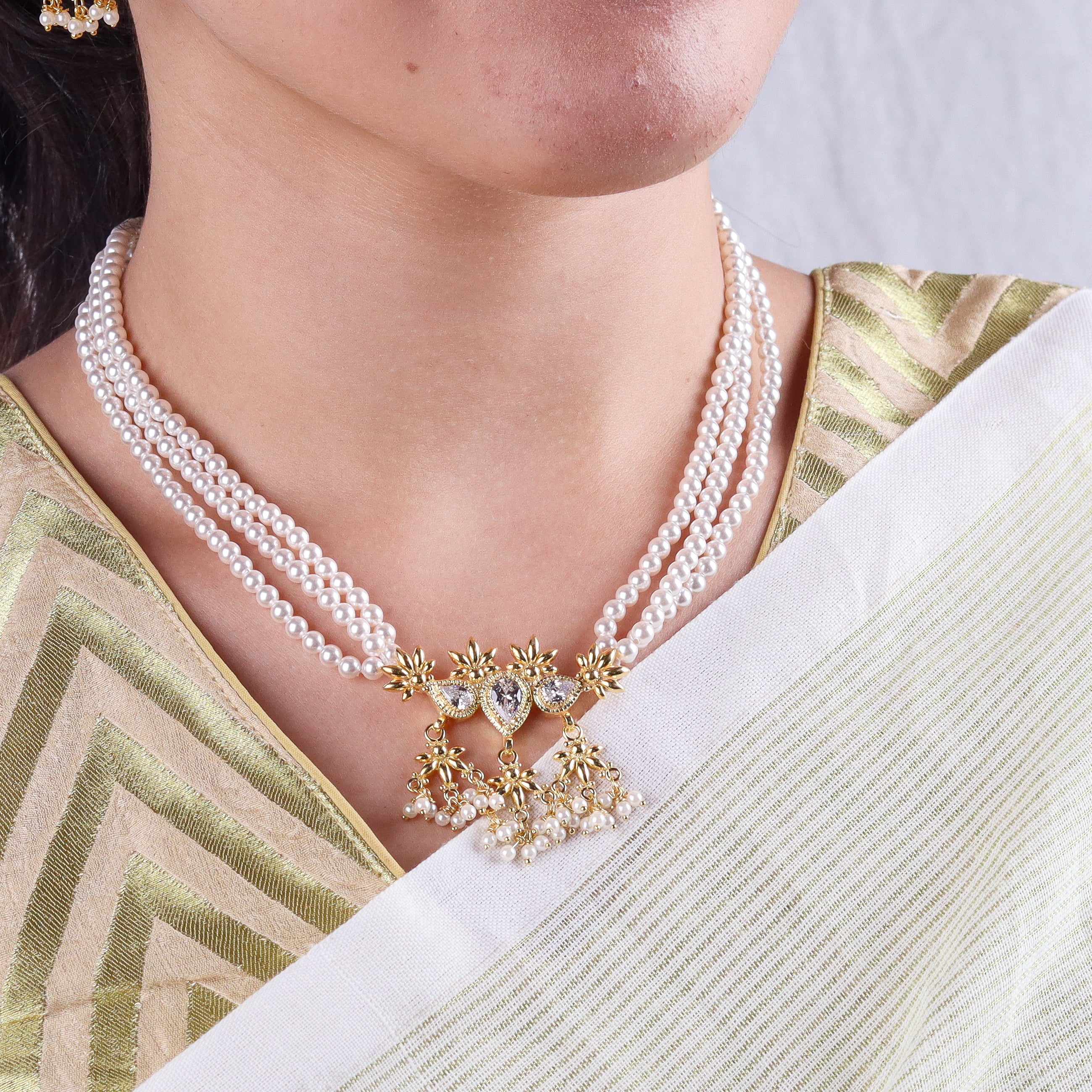 Silver Cz flower tanmani set with pearls (3 Leaf) | 92.5 Silver | 22K Gold Plated