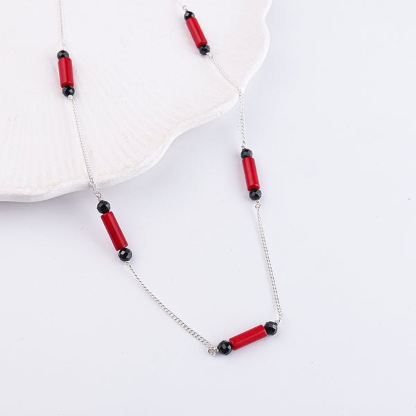 Coral & Black Spinel Silver Chain Mangalsutra (Project Handmade)