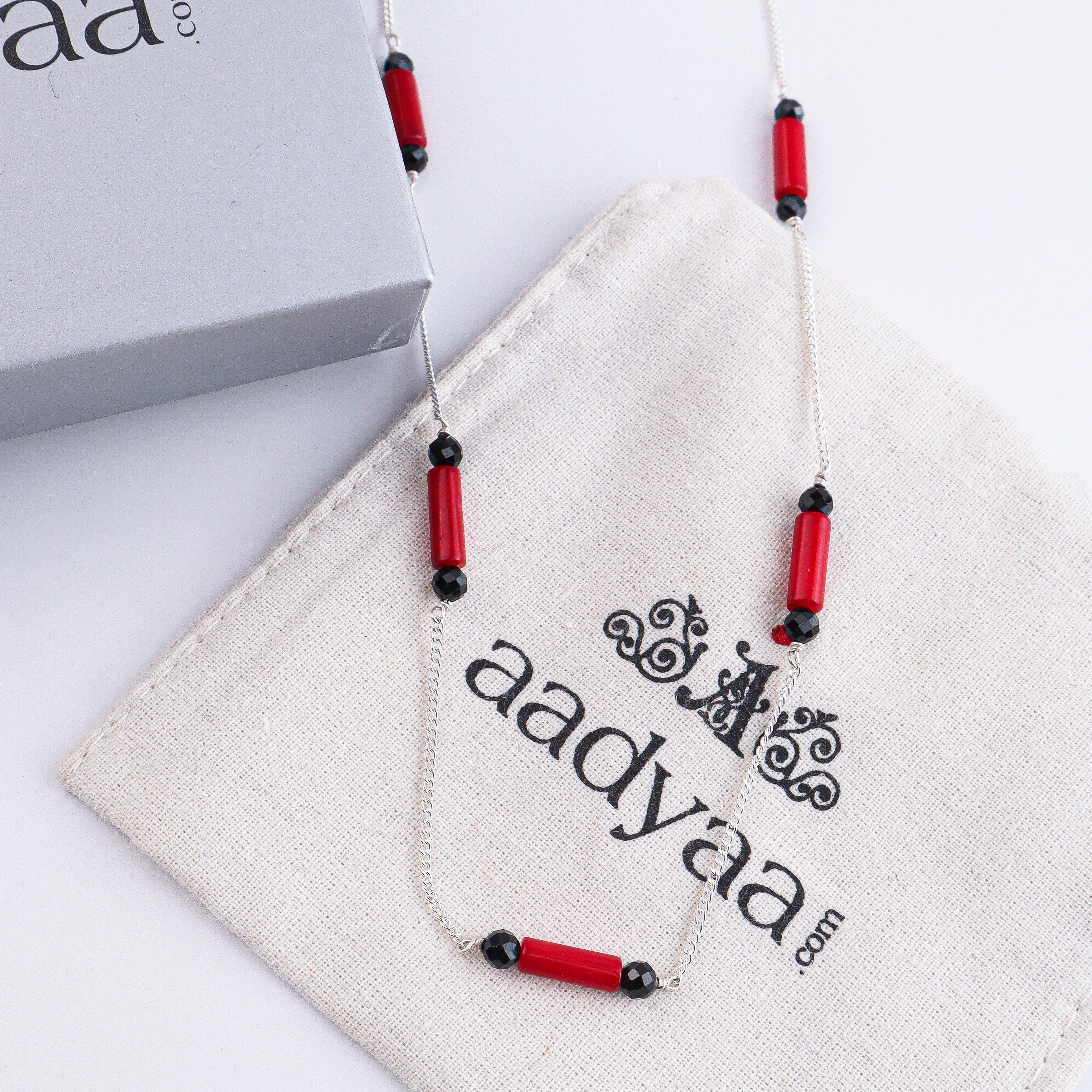 Coral & Black Spinel Silver Chain Mangalsutra (Project Handmade)