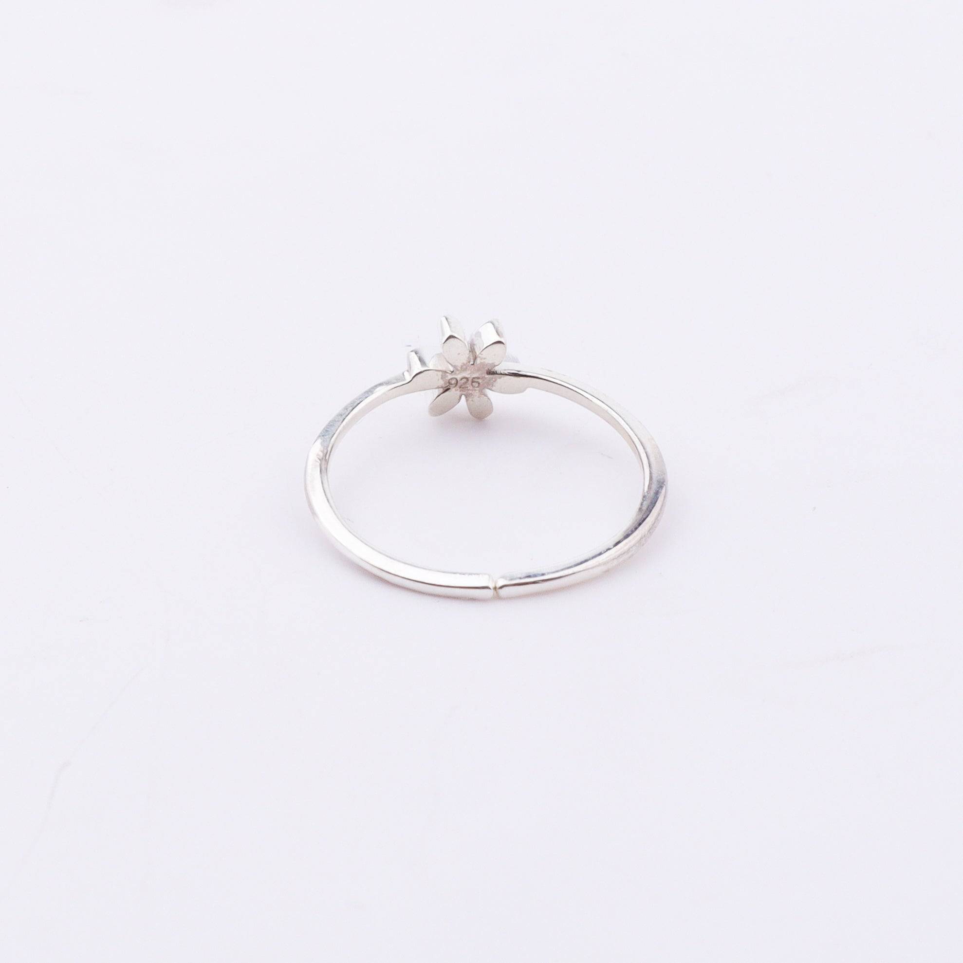 Side view of silver flower ring with red enamel