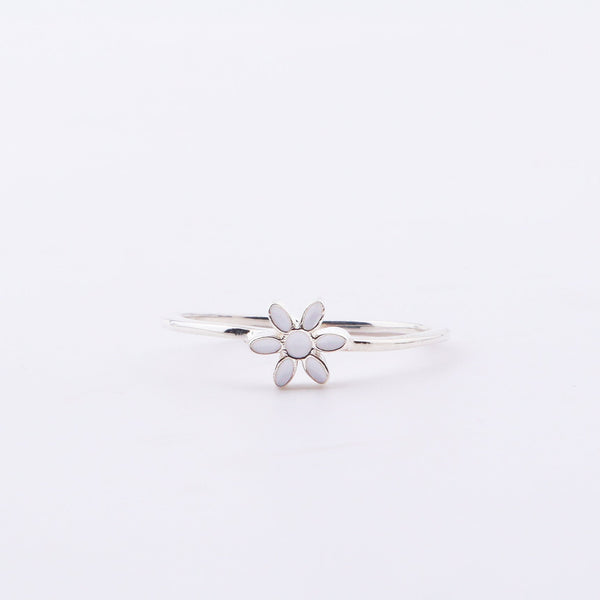 Back view of silver flower enamel ring with 925 stamp