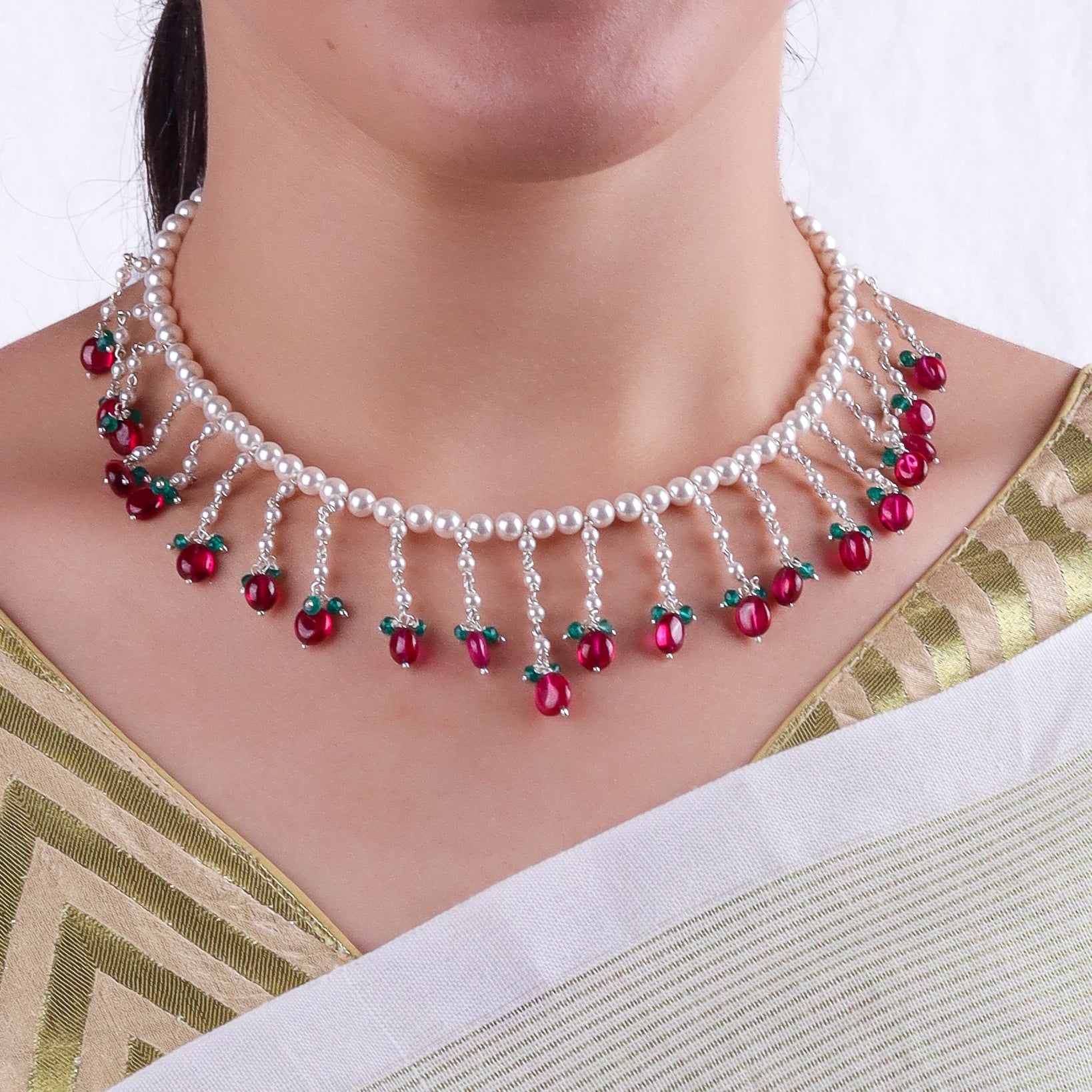 Luxe necklace with pearls ruby and green onyx in 92.5 sterling silver