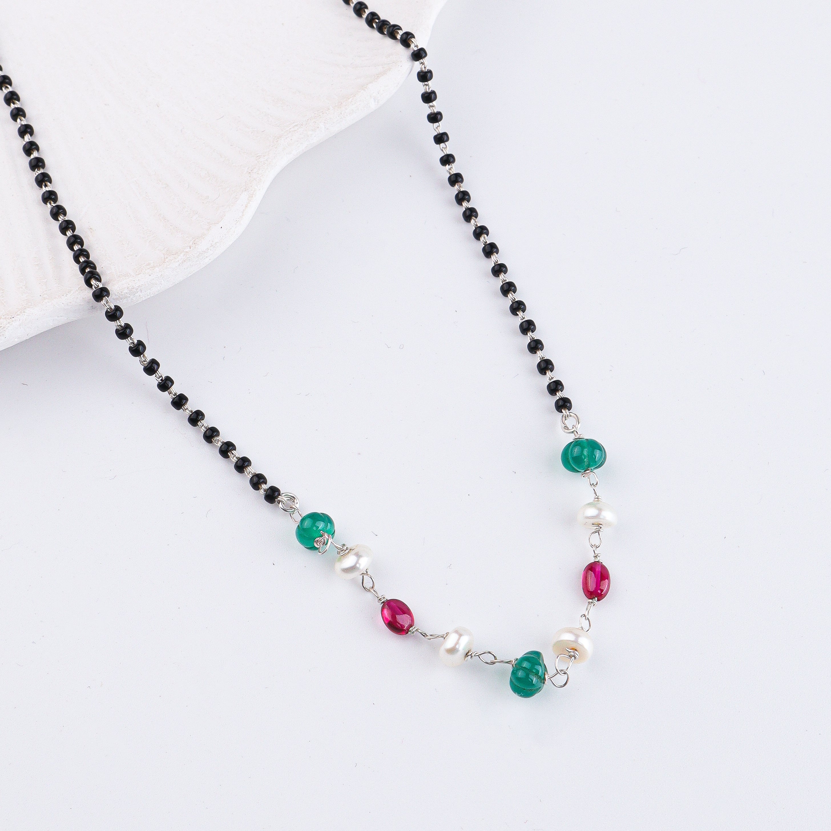 Rubies, Green Onyx & Pearl Silver Mangalsutra (Project Handmade)