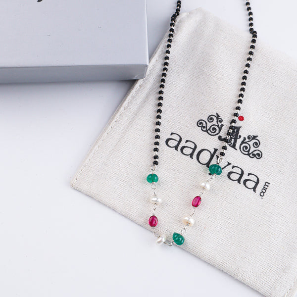 Rubies, Green Onyx & Pearl Silver Mangalsutra (Project Handmade)