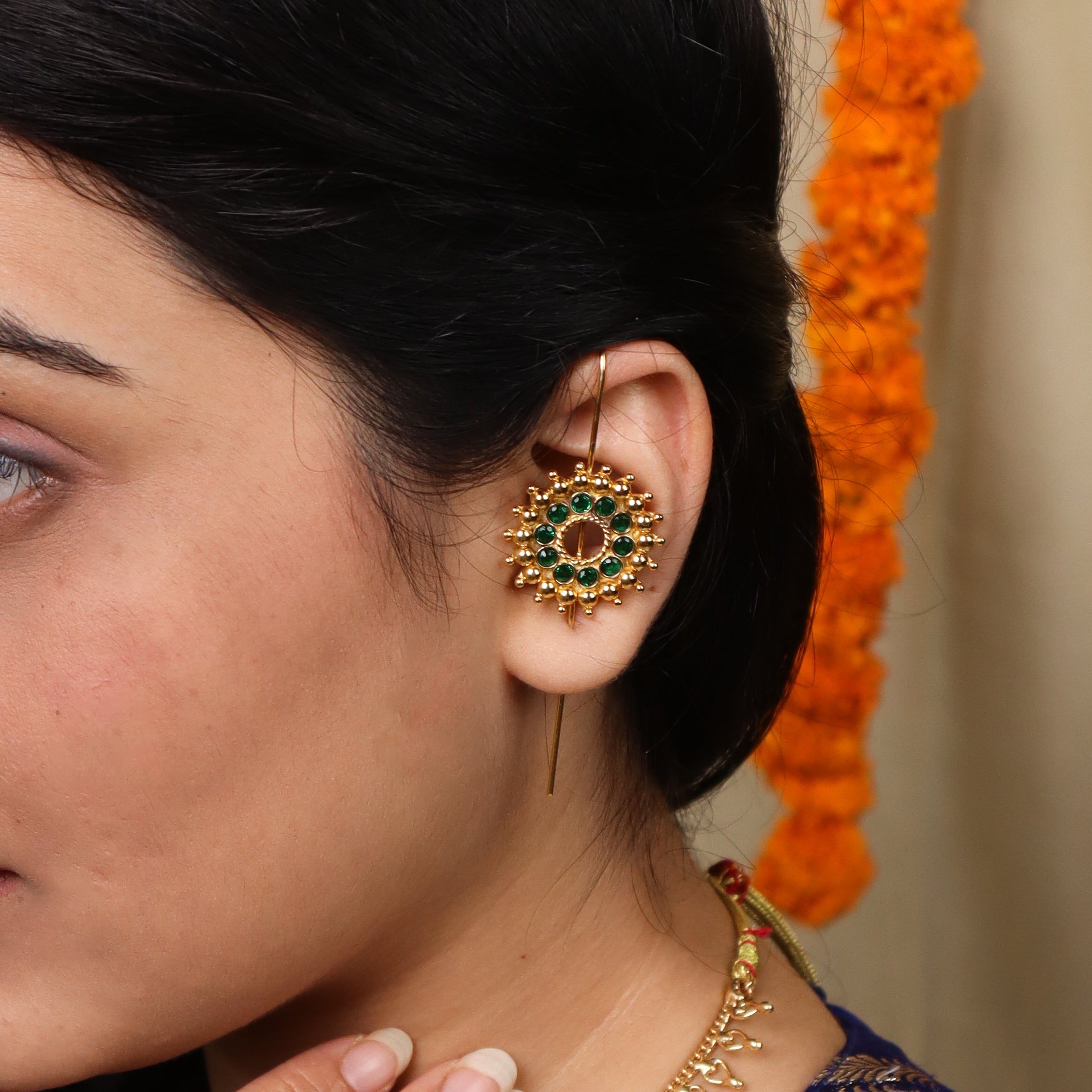 Green Karwar Motif Single Earcuff | 92.5 Silver | 22K Gold Plated