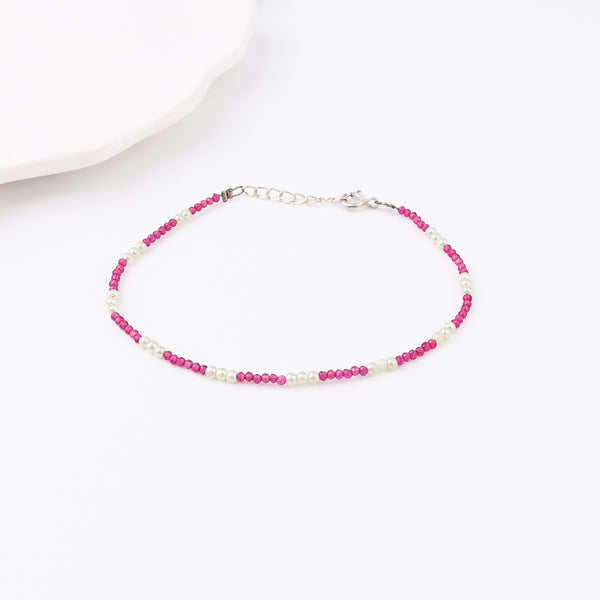 Semi precious stone bracelet in silver wire ( Lab made rubies and pearls )