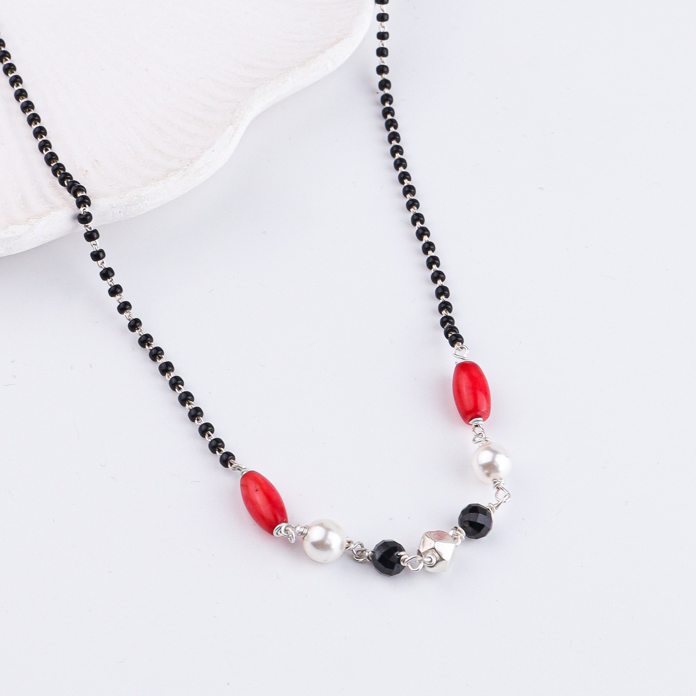 Coral, Pearl, Black Spinel & Ashtapailu Bead Silver Mangalsutra (Project Handmade)