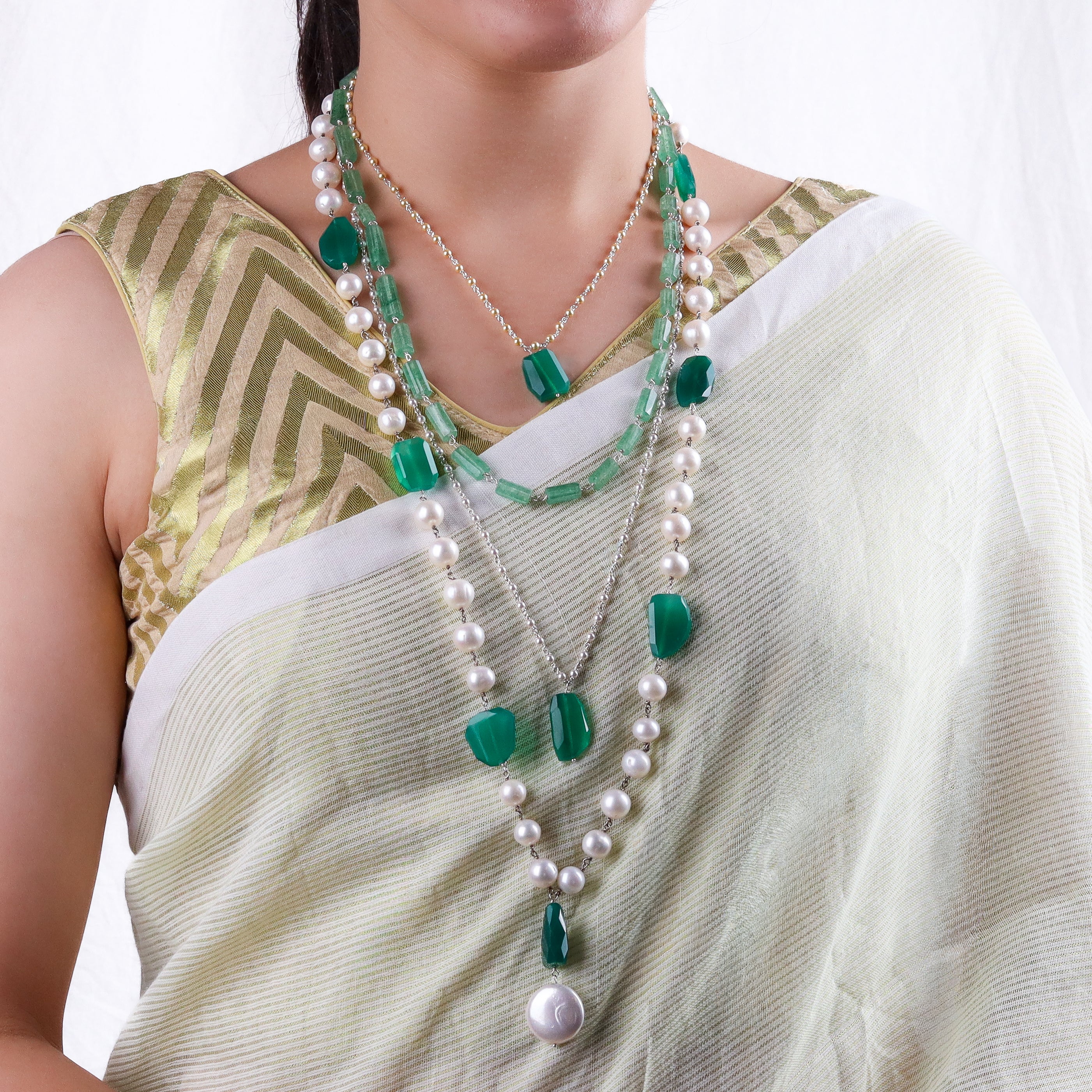 Luxe Necklace - Russian Emrald Stone, Green Onyx & Fresh Water Pearls