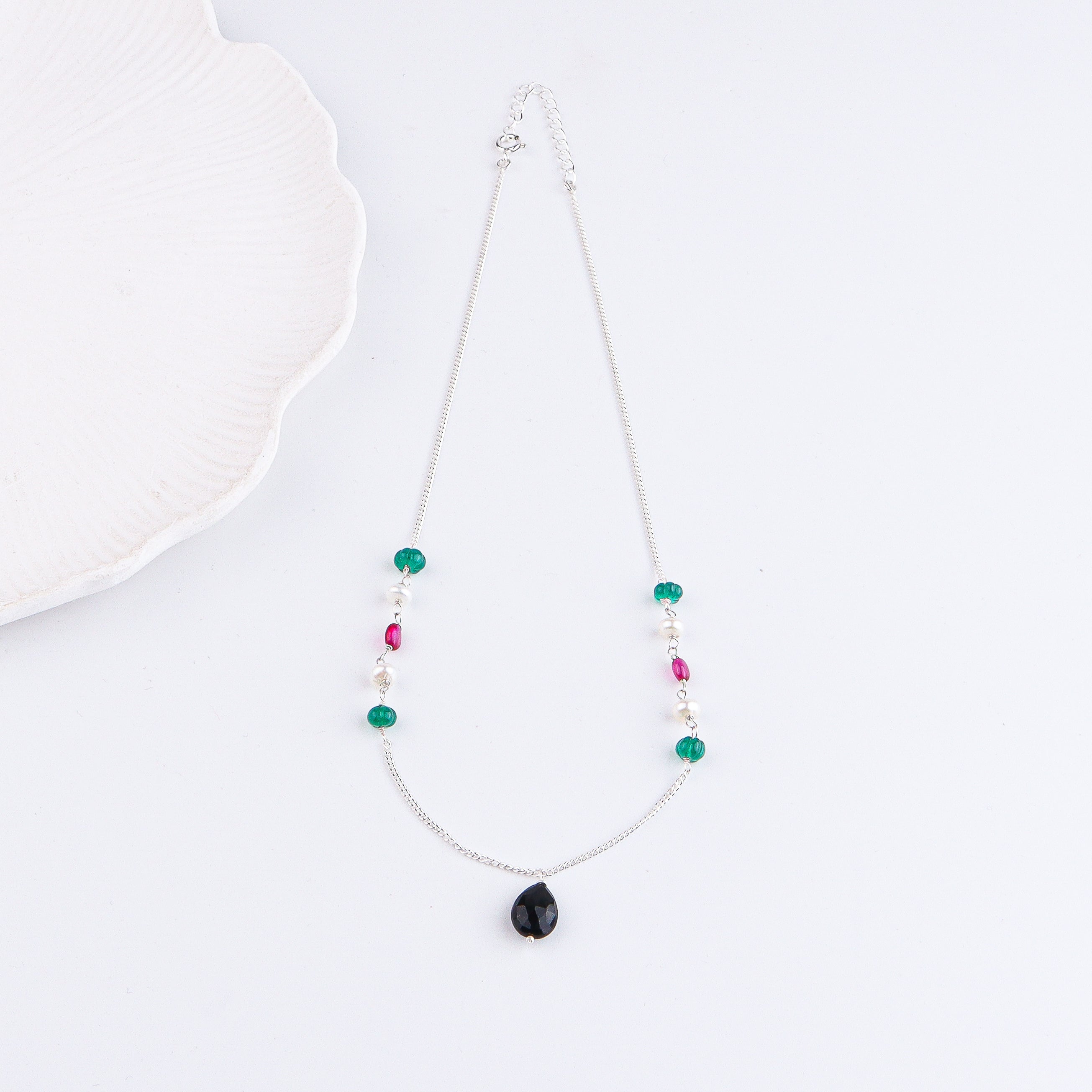 Green Onyx, Pearl, Black Spinel & Rubies Silver Chain Mangalsutra (Project Handmade)