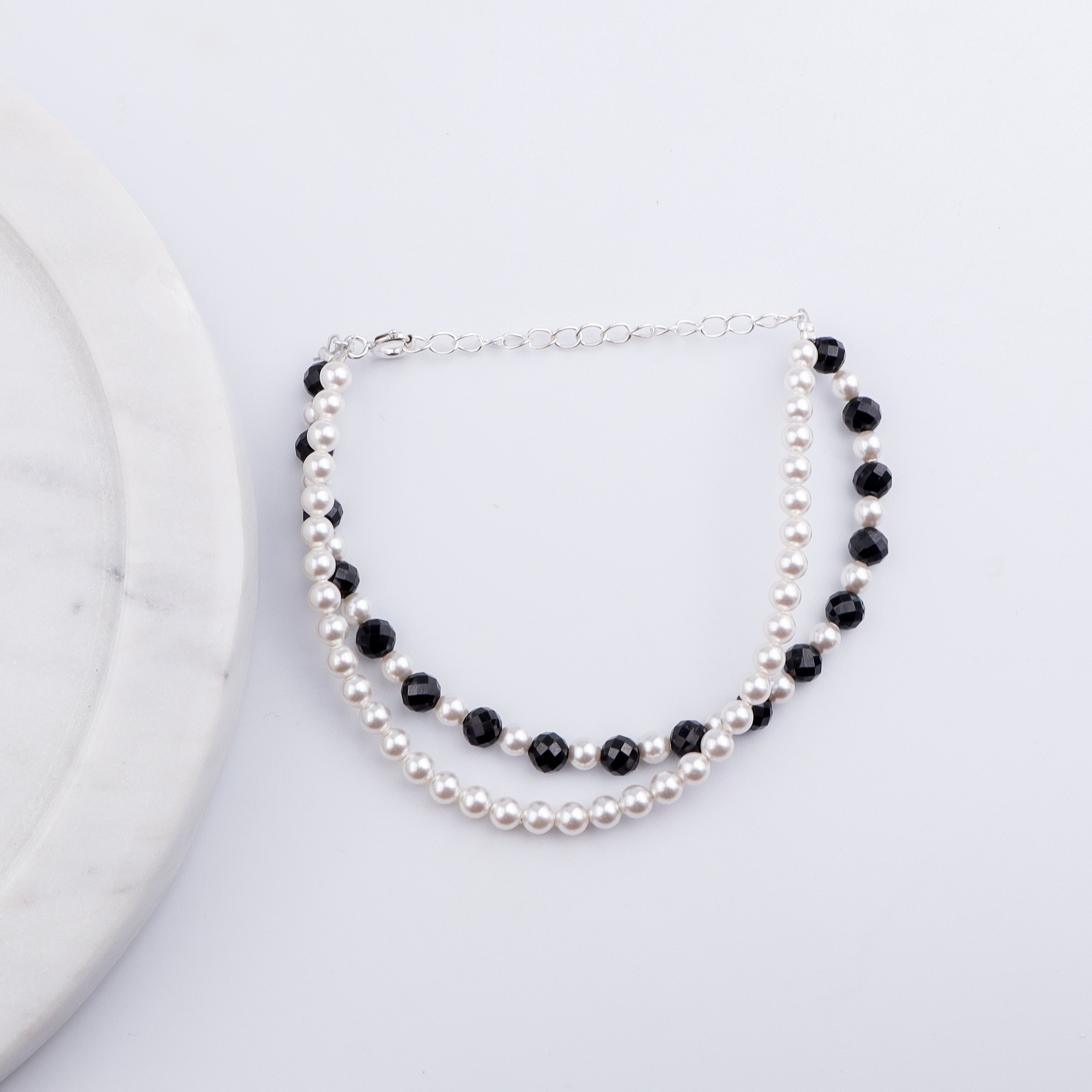 Silver Bracelet with Pearl & Black Spinel