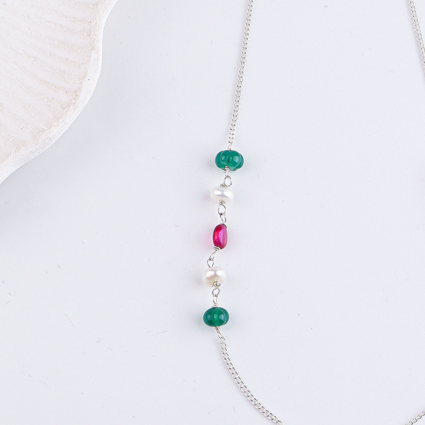 Green Onyx, Pearl, Black Spinel & Rubies Silver Chain Mangalsutra (Project Handmade)
