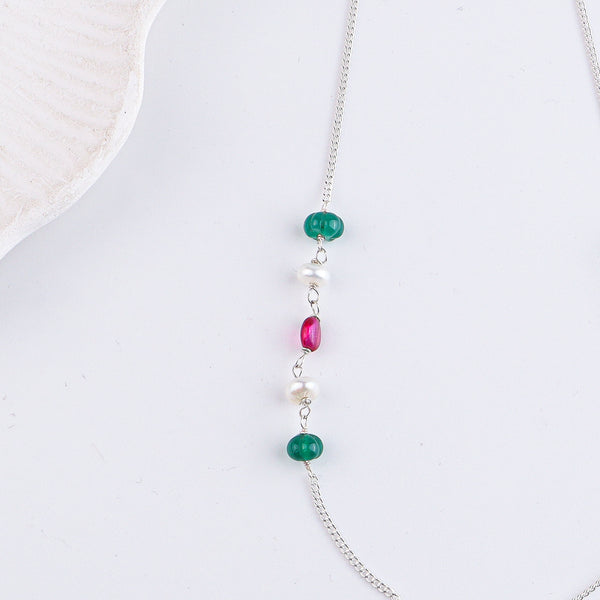 Green Onyx, Pearl, Black Spinel & Rubies Silver Chain Mangalsutra (Project Handmade)
