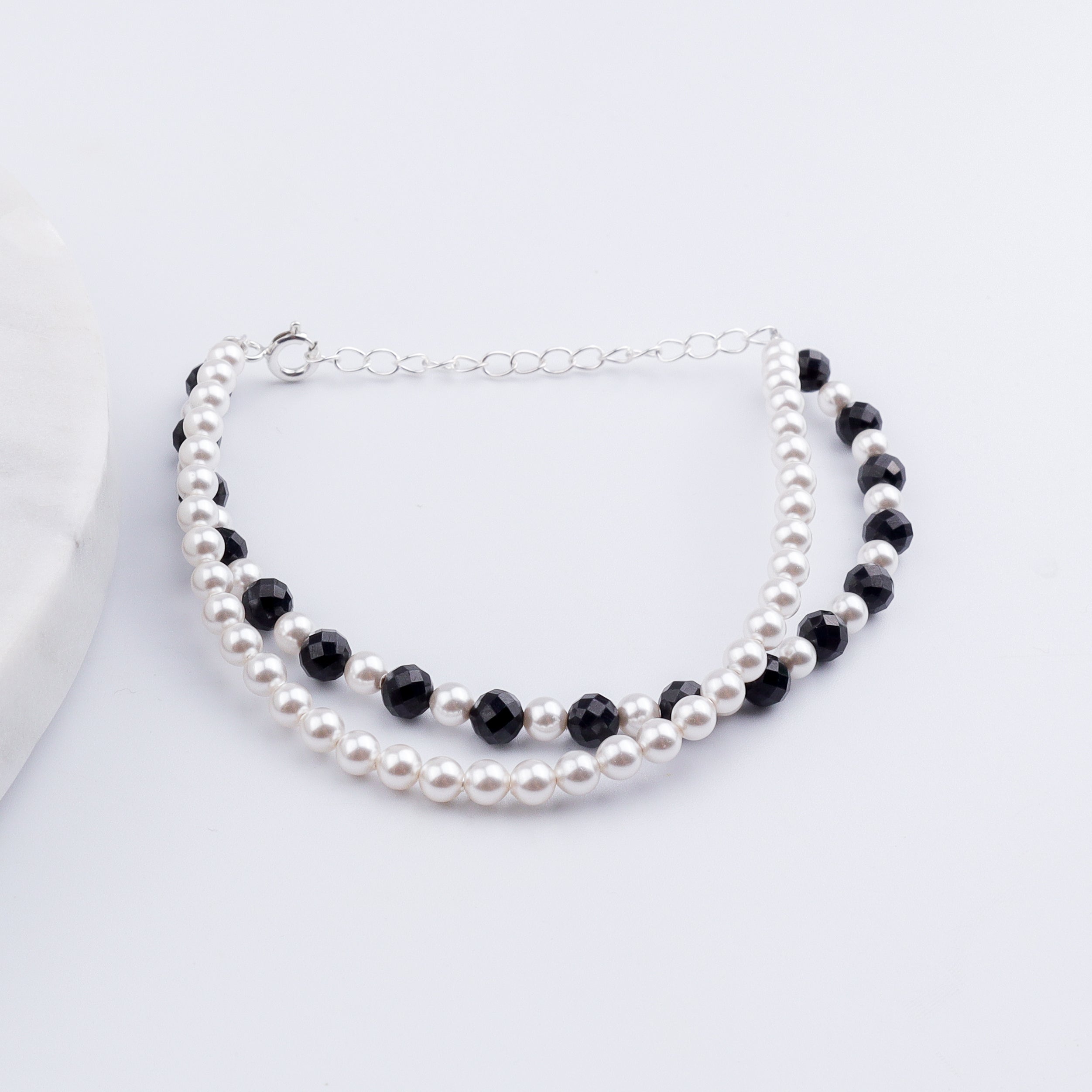 Silver Bracelet with Pearl & Black Spinel