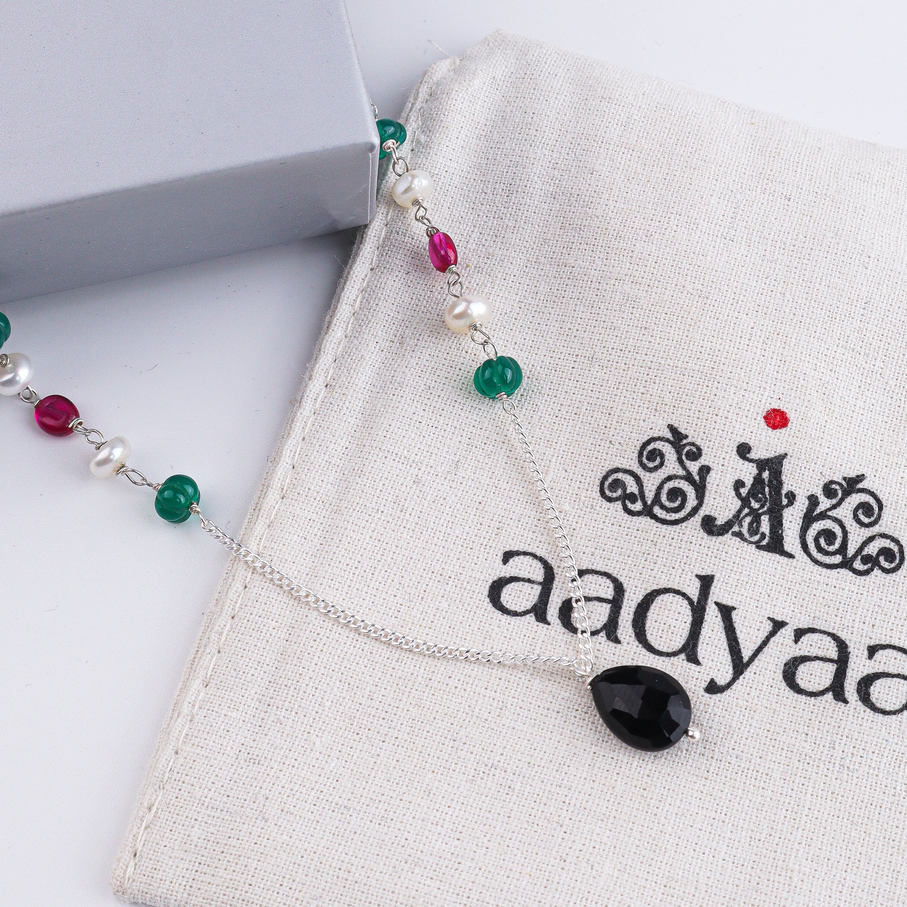 Green Onyx, Pearl, Black Spinel & Rubies Silver Chain Mangalsutra (Project Handmade)