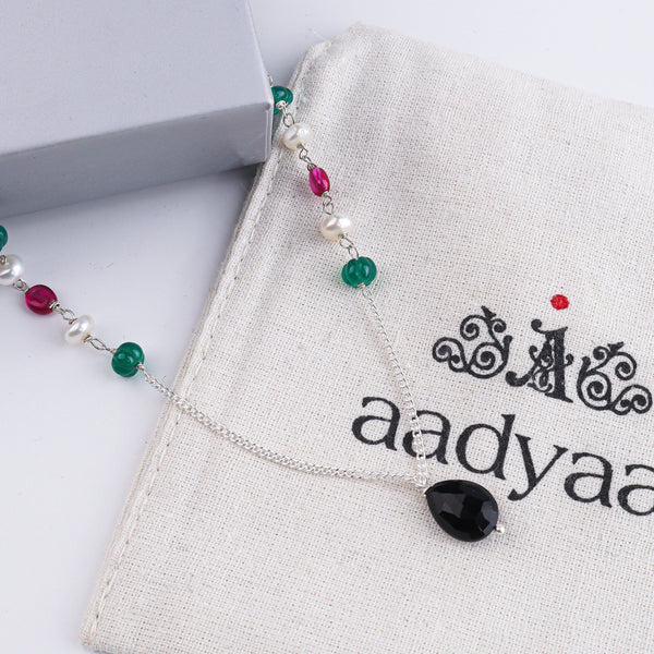 Green Onyx, Pearl, Black Spinel & Rubies Silver Chain Mangalsutra (Project Handmade)
