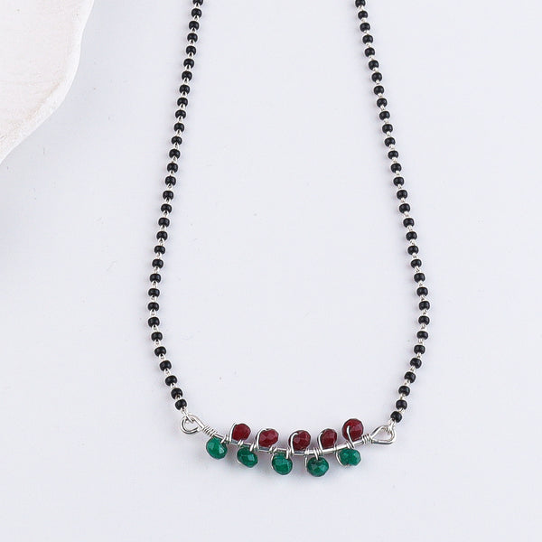 Green & Maroon Jade Wrapped Silver Mangalsutra (Project Handmade)