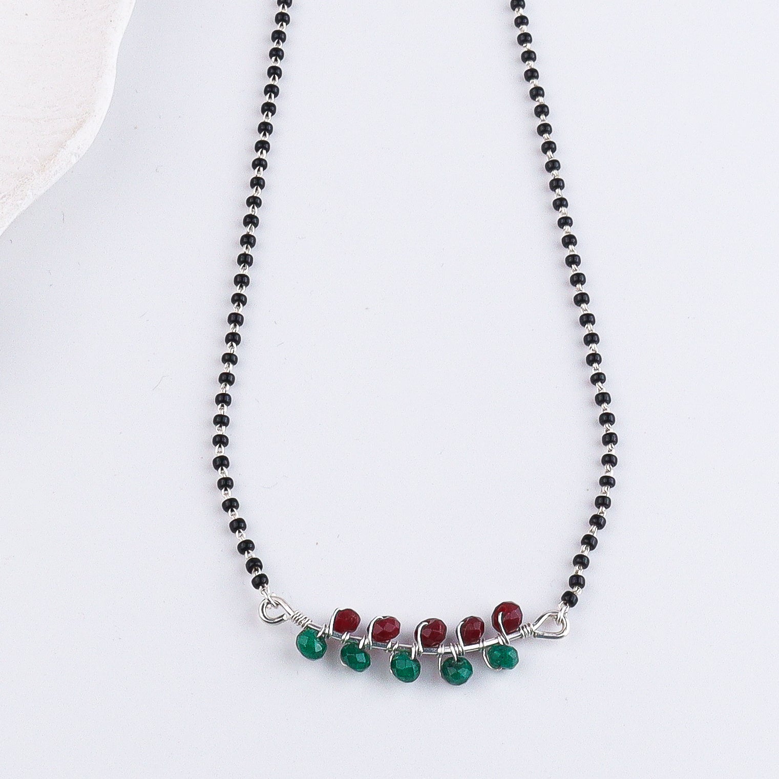Green & Maroon Jade Wrapped Silver Mangalsutra (Project Handmade)