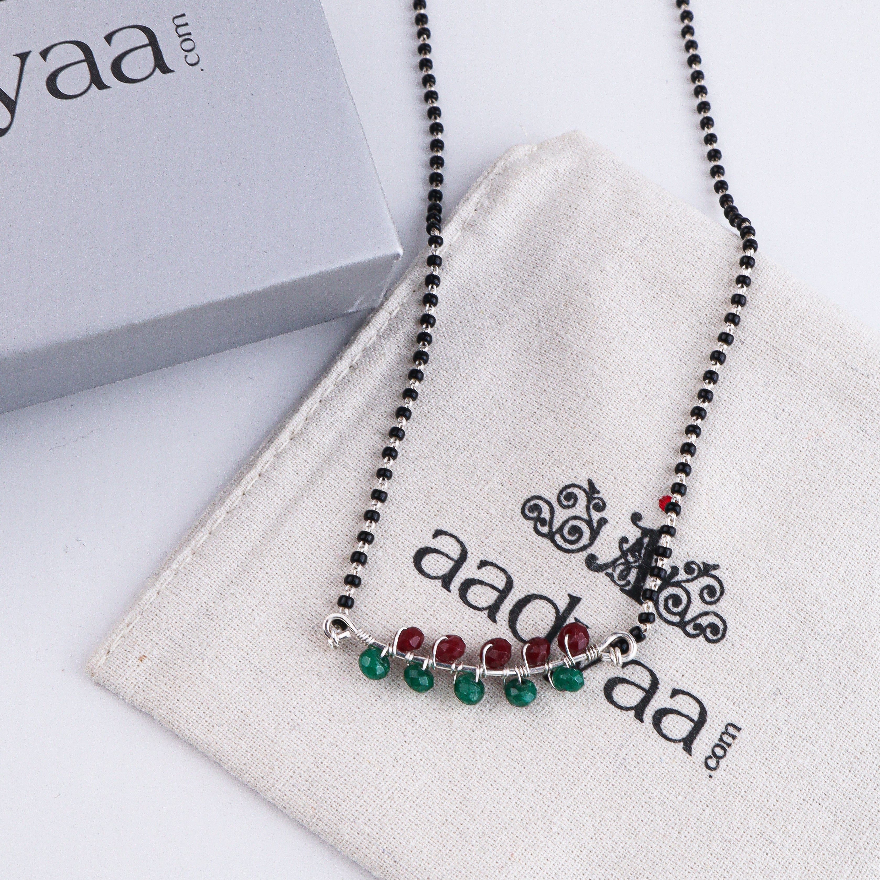 Green & Maroon Jade Wrapped Silver Mangalsutra (Project Handmade)