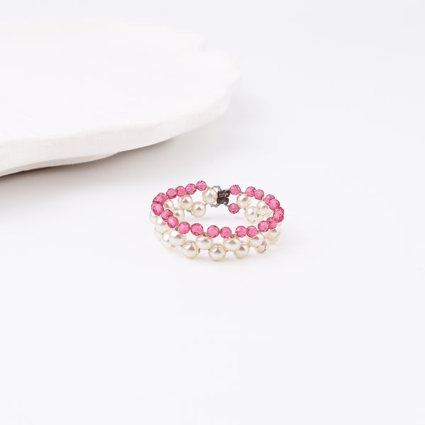 Silver Pearls Ring with Ruby Stones