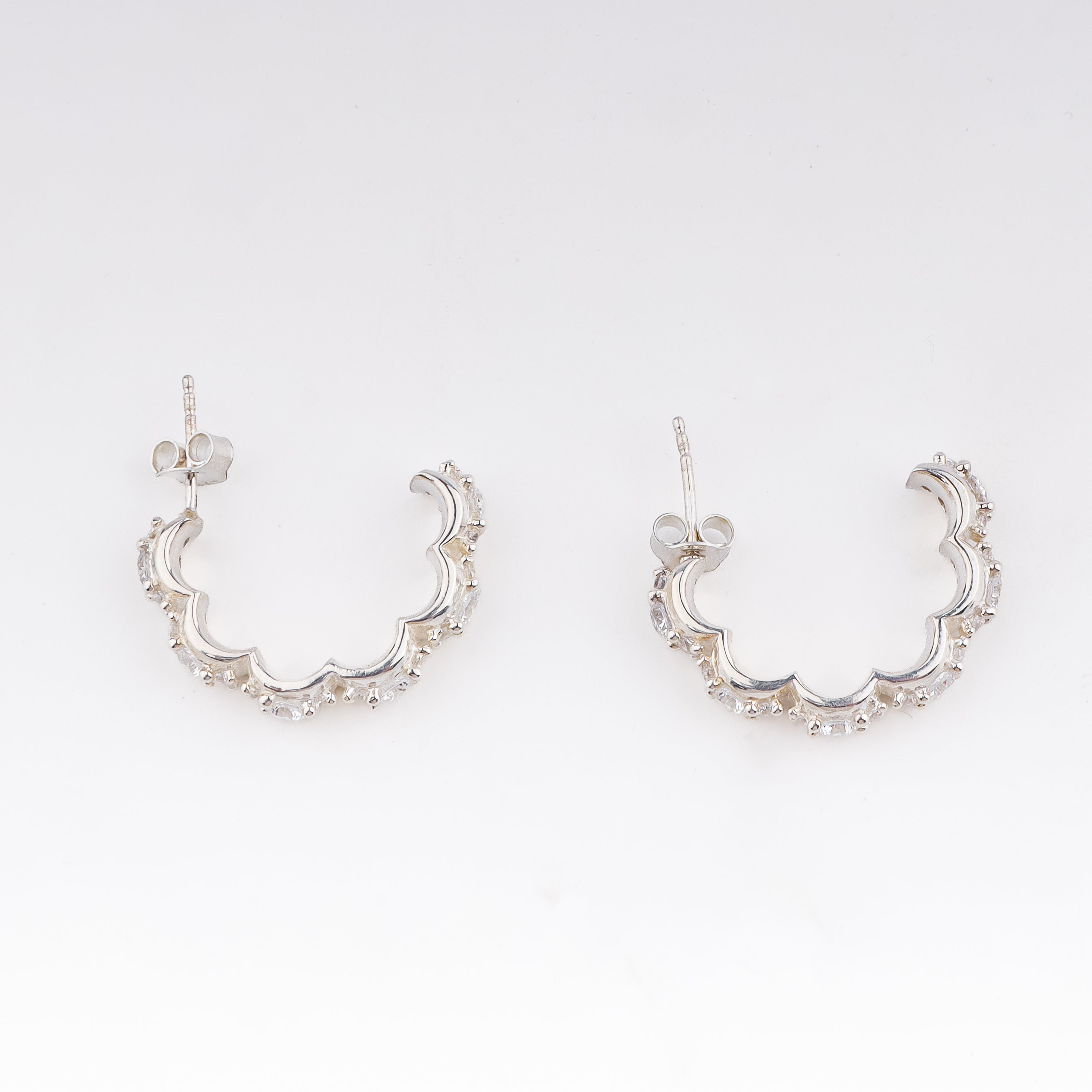 Silver Floral Shaped Hoops with CZ Stones