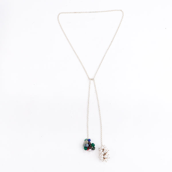 Silver Tie & Wear Necklace with Pearls and Semi Precious Stones