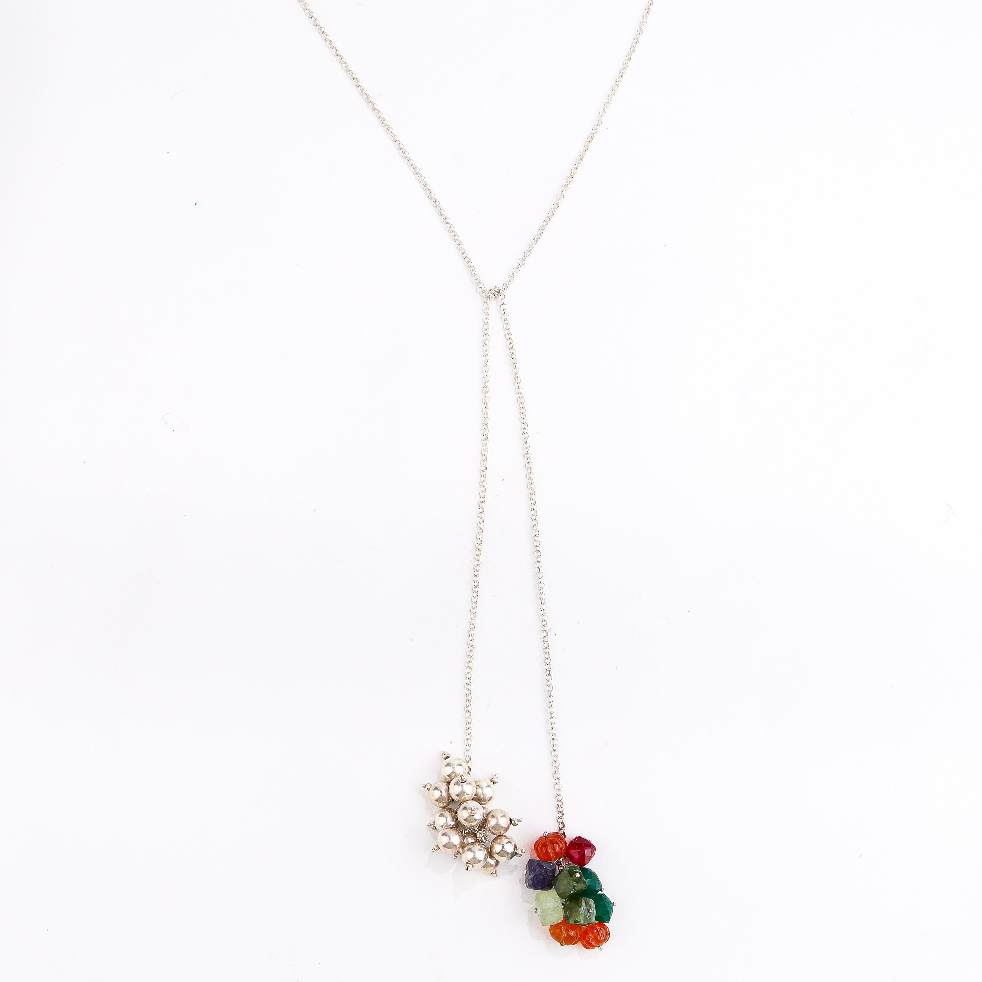 Silver Tie & Wear Necklace with Multicolor Semi-Precious Stones and Silver Beads