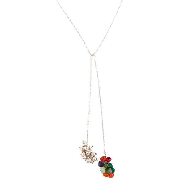 Silver Tie & Wear Necklace with Multicolor Semi-Precious Stones and Silver Beads