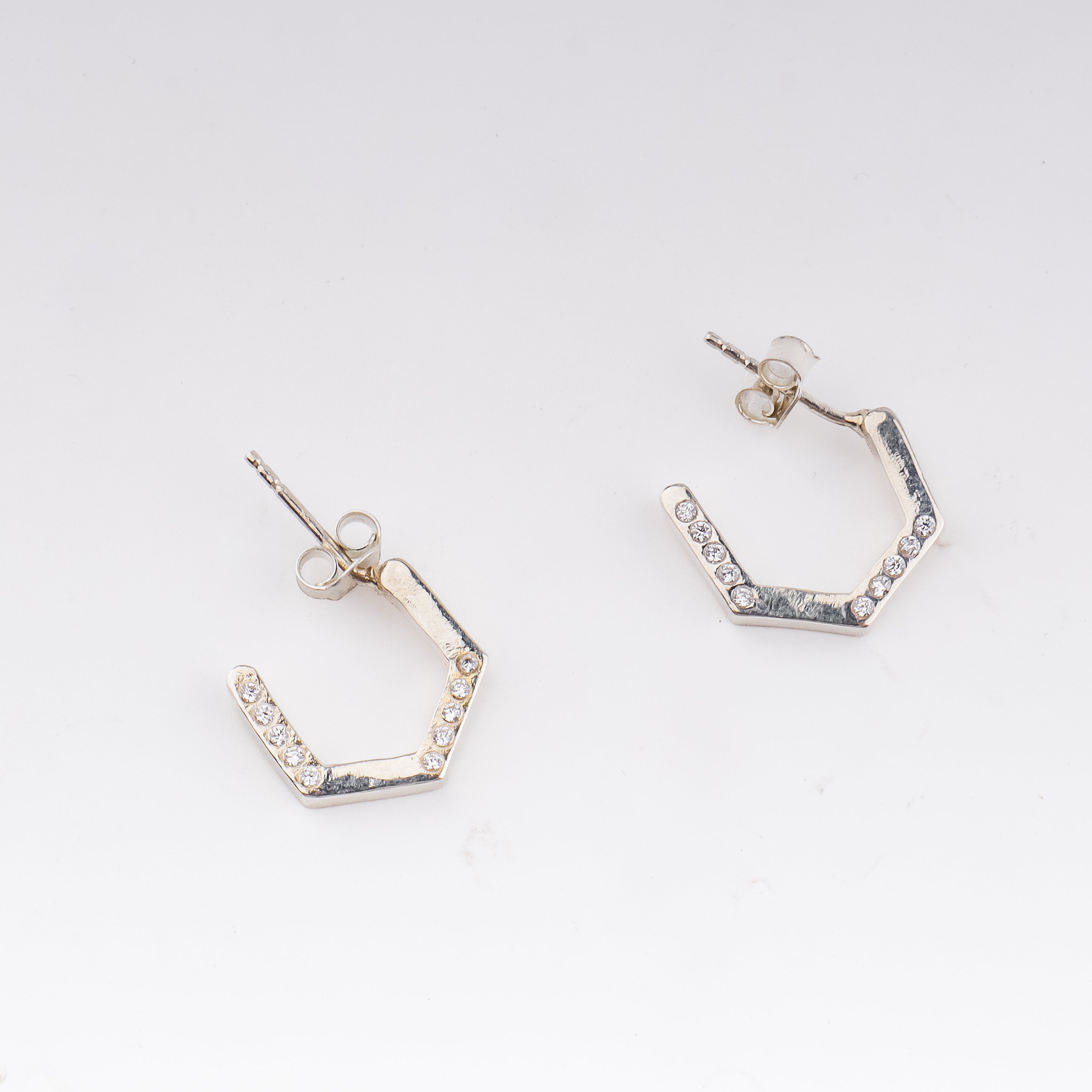 Silver Hexagon Shaped Hoops with CZ stones