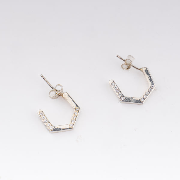 Silver Hexagon Hoop Earrings - CZ Stones