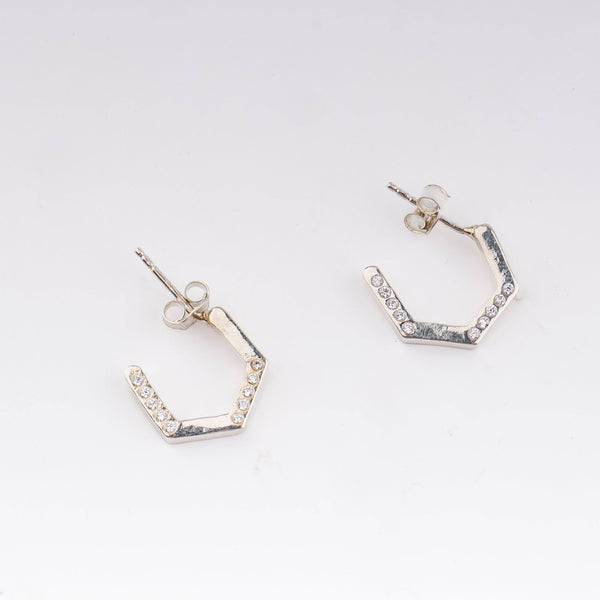 Silver Hexagon Hoop Earrings - CZ Stones