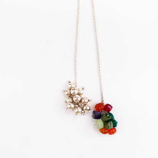 Silver Tie & Wear Necklace with Multicolor Semi-Precious Stones and Silver Beads