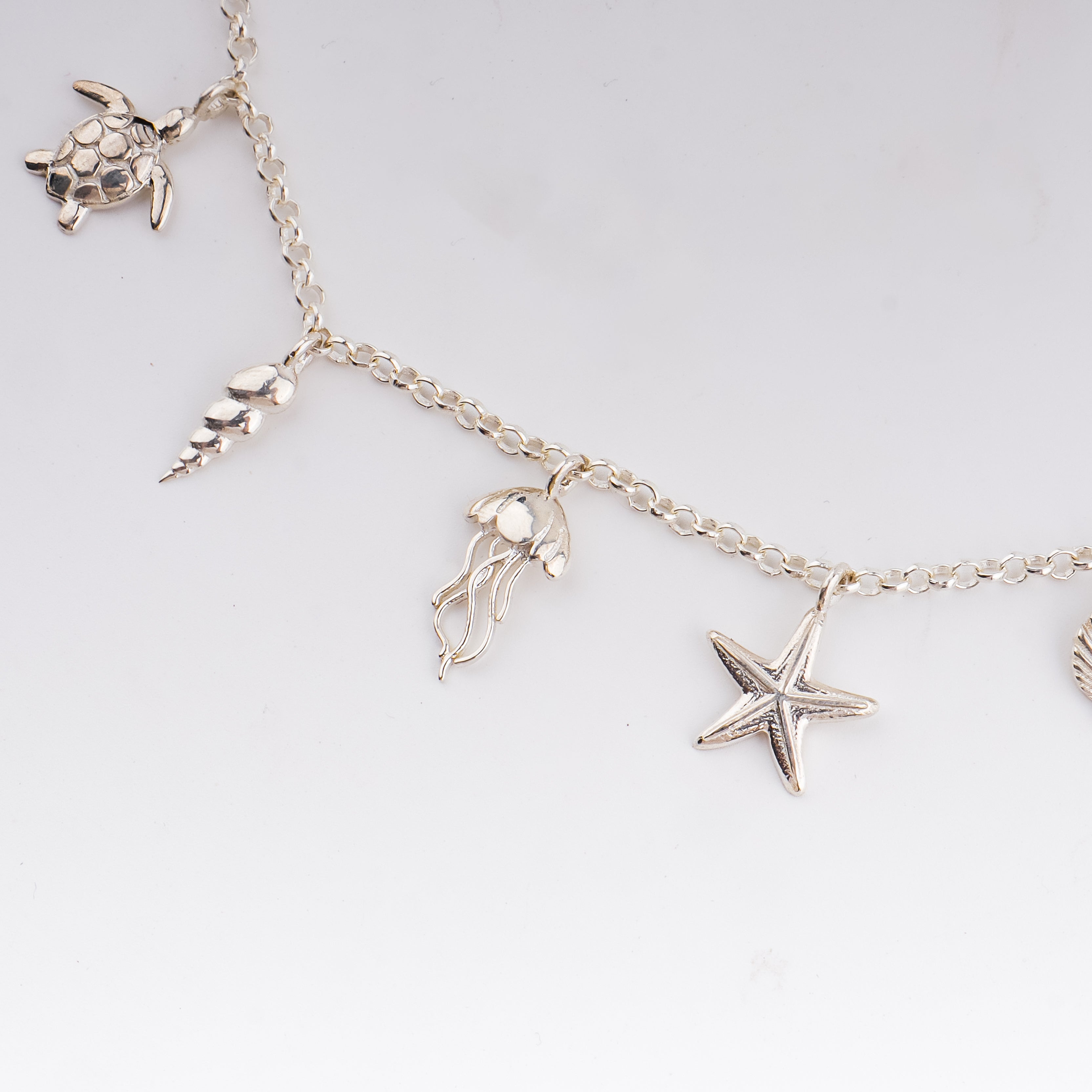 style ocean charm silver necklace with modern outfit