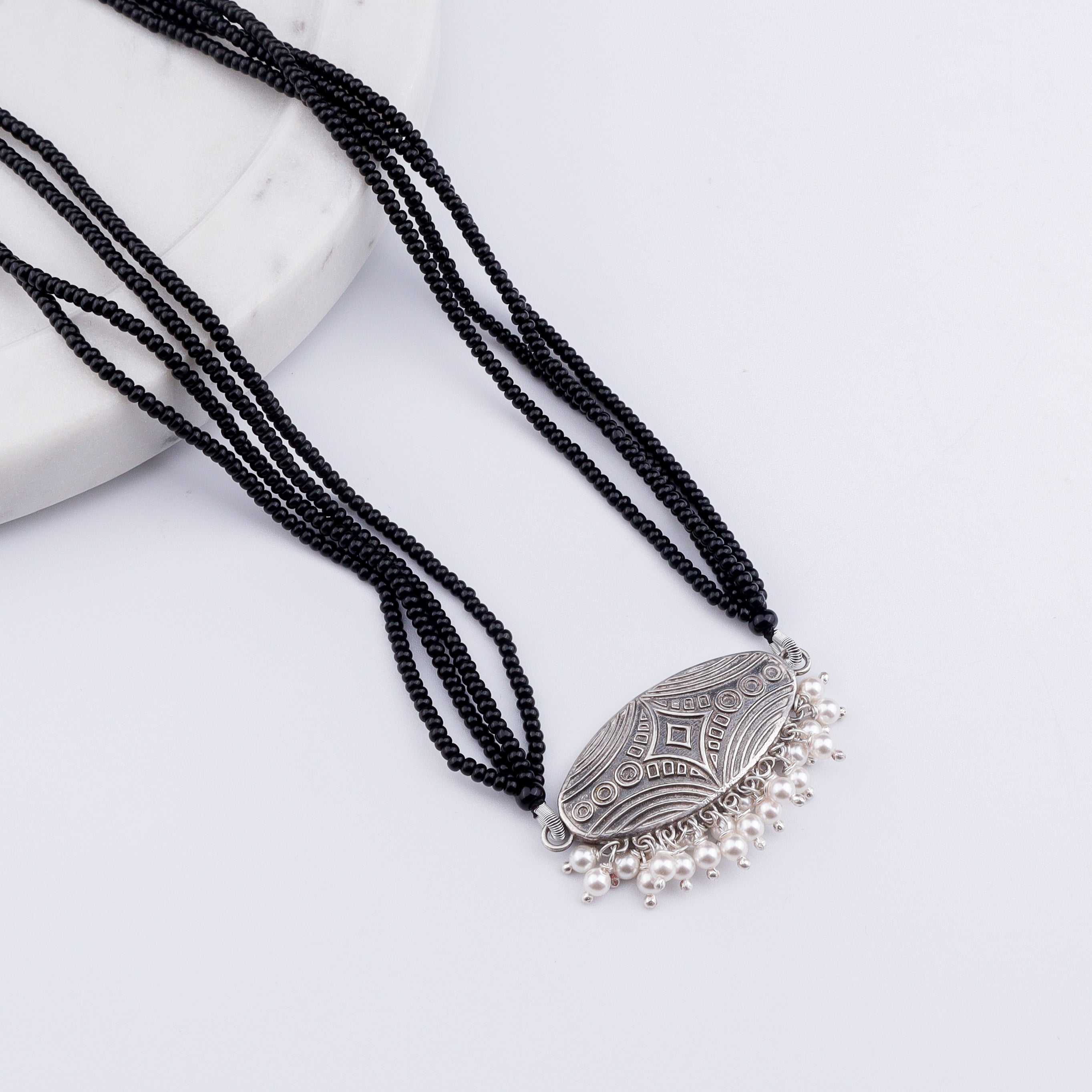Oxidised Silver Oval Filigree Mangalsutra