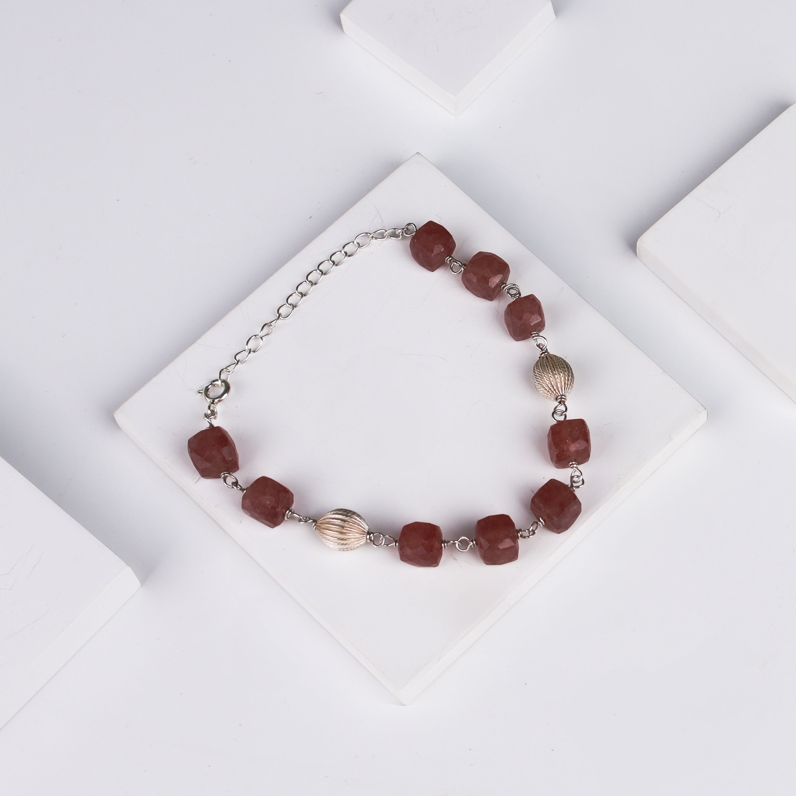 Silver Beads and Cherry Quartz Ganthan Bracelet