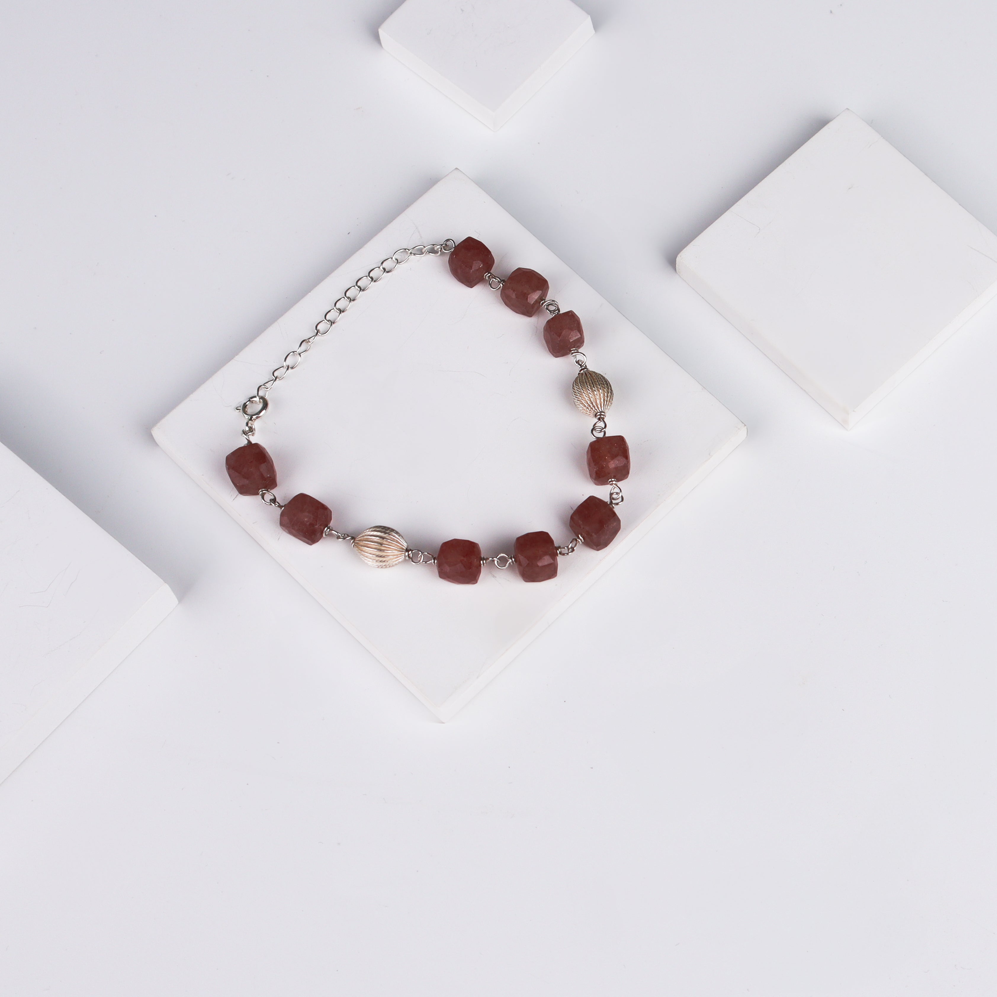 Silver Beads and Cherry Quartz Ganthan Bracelet