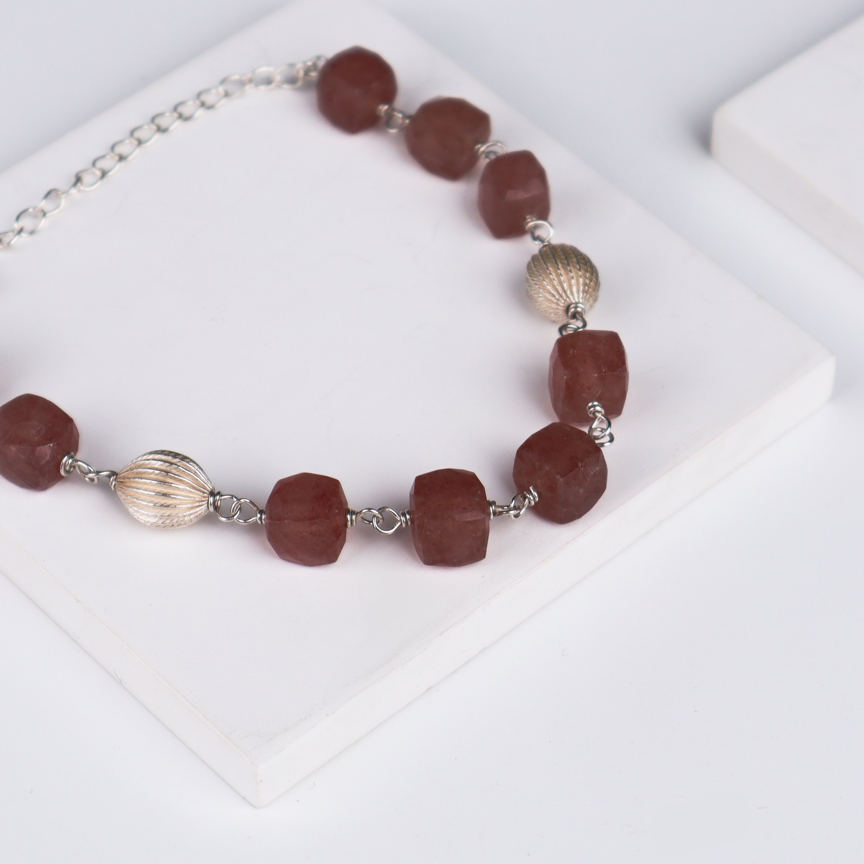 Silver Beads and Cherry Quartz Ganthan Bracelet