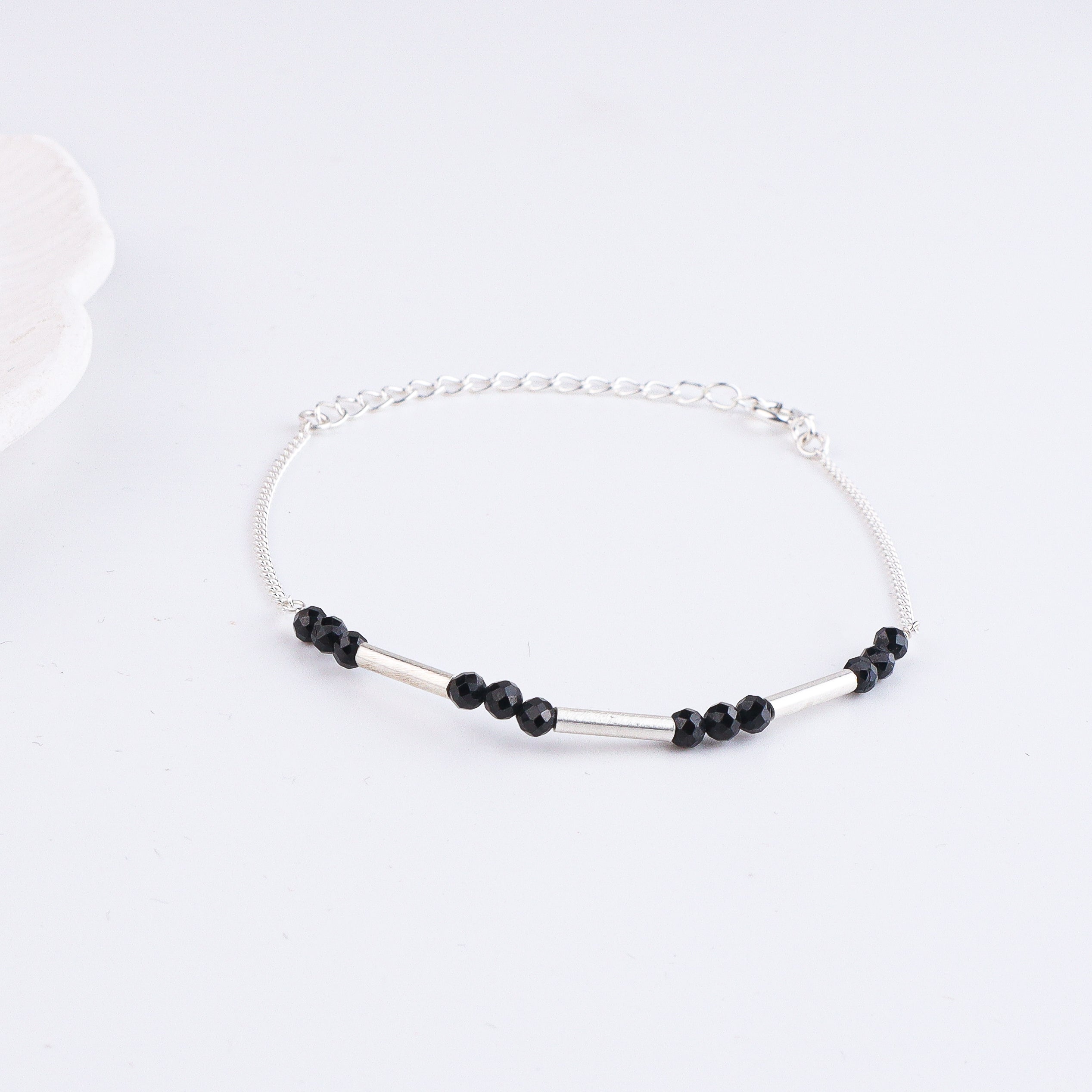 Black Spinel & Pipe Silver Chain Mangalsutra Bracelet (Project Handmade)