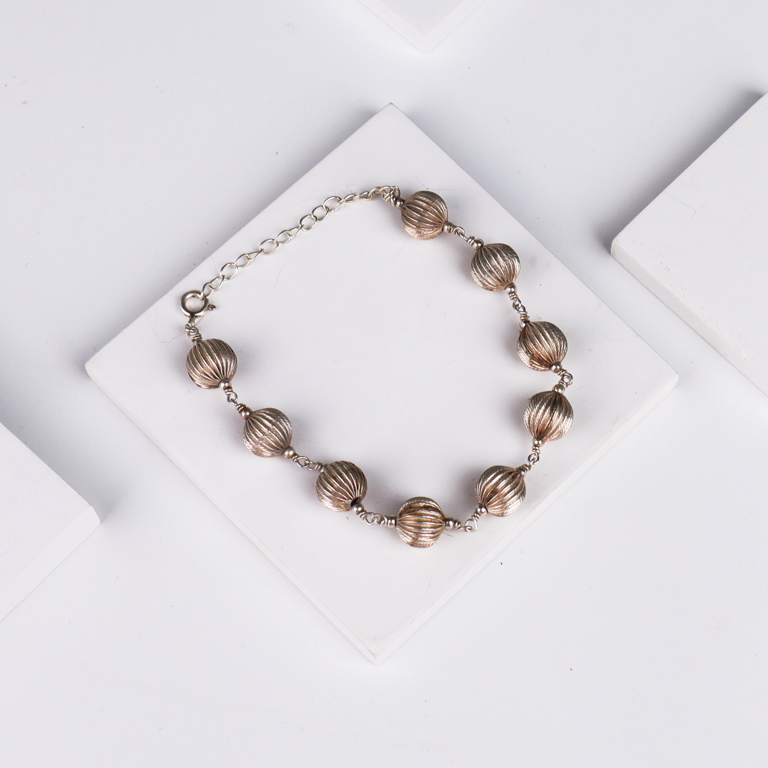 Silver Round Textured Beaded Bracelet
