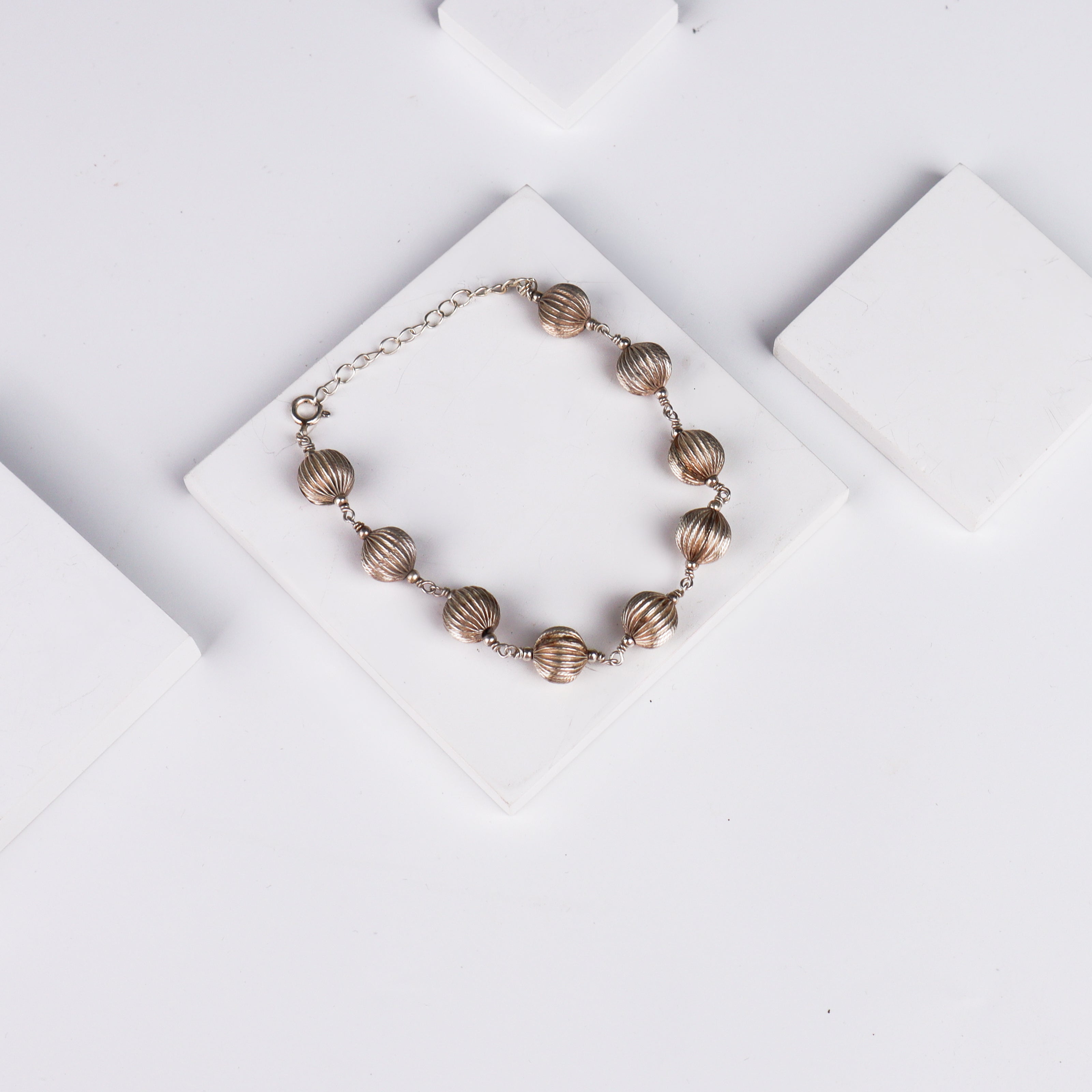 Silver Round Textured Beaded Bracelet